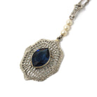 Art Deco Necklace - Antique 10k White Gold Filigree Simulated Sapphire Blue Glass Cultured Pearls Pendant - Vintage 1930s Era Fine Jewelry