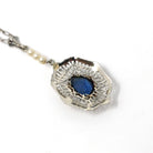 Art Deco Necklace - Antique 10k White Gold Filigree Simulated Sapphire Blue Glass Cultured Pearls Pendant - Vintage 1930s Era Fine Jewelry