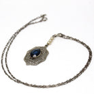 Art Deco Necklace - Antique 10k White Gold Filigree Simulated Sapphire Blue Glass Cultured Pearls Pendant - Vintage 1930s Era Fine Jewelry