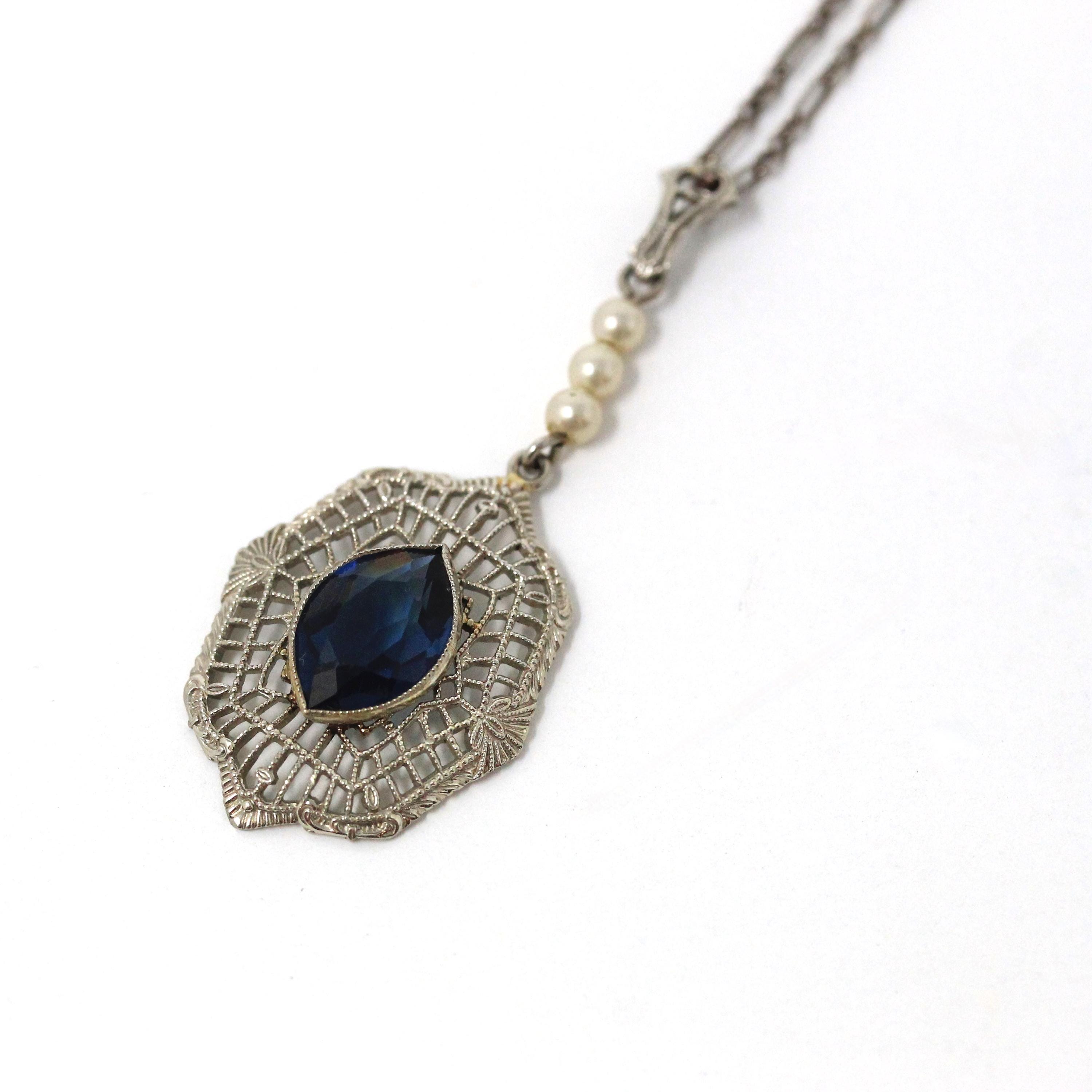 Art Deco Necklace - Antique 10k White Gold Filigree Simulated Sapphire Blue Glass Cultured Pearls Pendant - Vintage 1930s Era Fine Jewelry