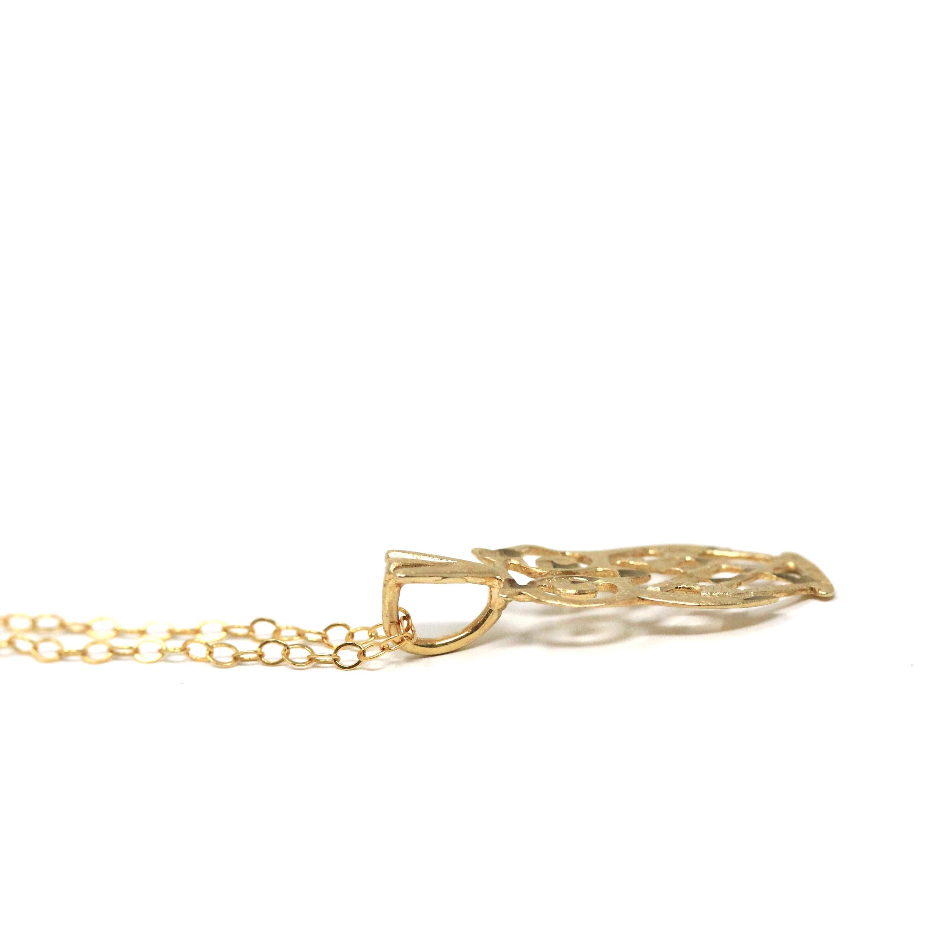 Modern Owl Necklace - Estate 14k Yellow Gold Figural Hoot Pendant Charm - Circa 2000s Feathered Open Metal Dainty Animal Bird Fine Jewelry