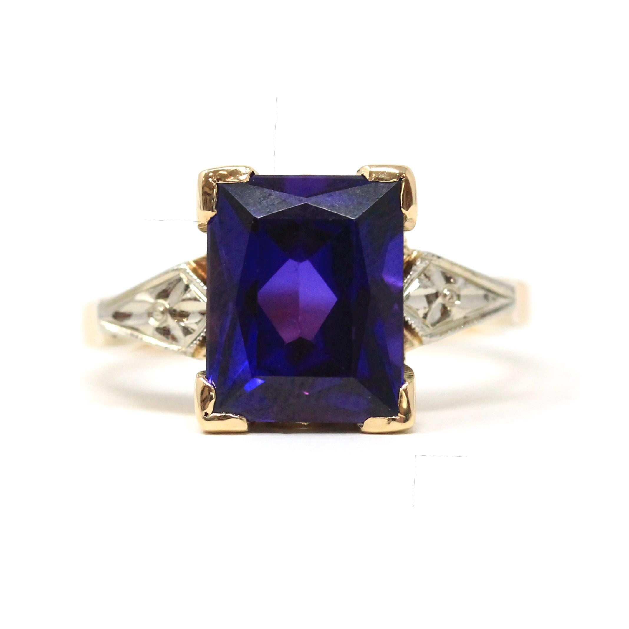 Created Color Change Sapphire Ring - Mid Century 14k Yellow & White Gold Rectangle Purple Blue Gemstone - 1940s Era Size 6 1/4 Fine Jewelry