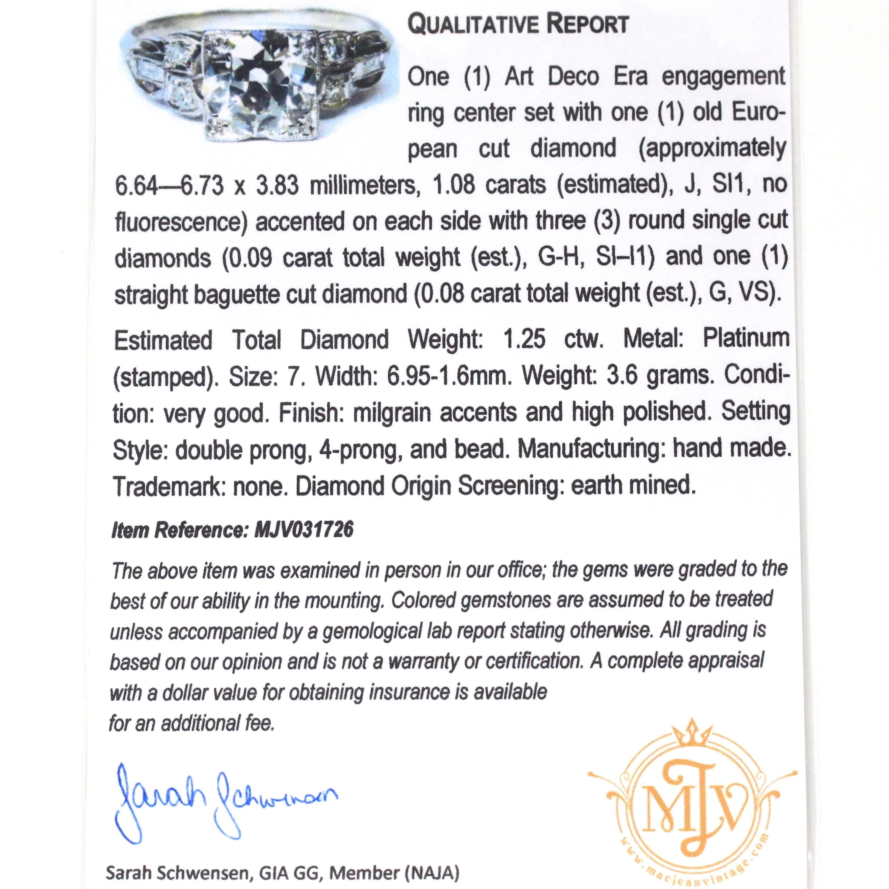 Art Deco Engagement Ring - Vintage Platinum 1.25 CTW Natural Diamonds - Circa 1930s Era Handmade Geometric Size 7 Fine Bridal Report Jewelry