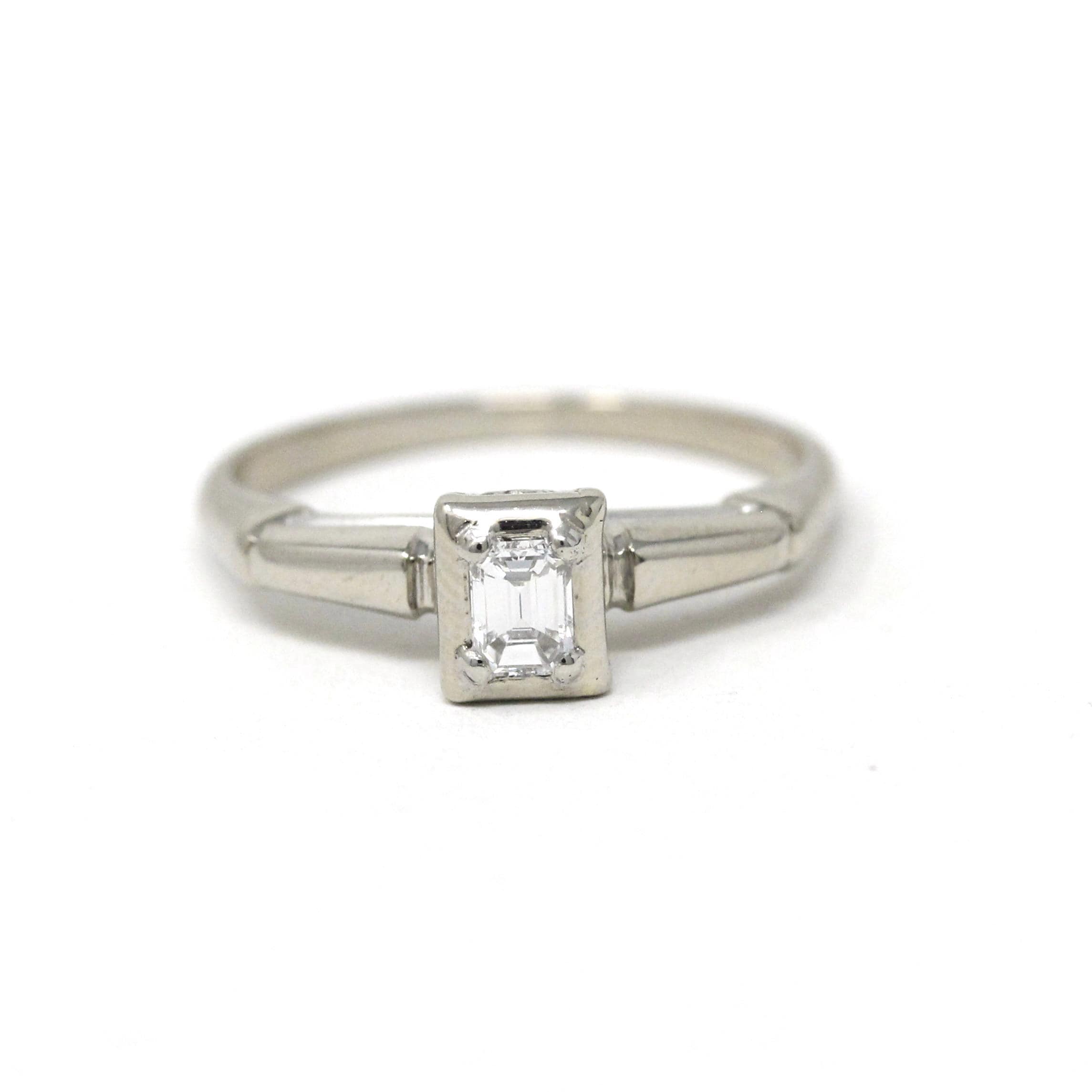 Vintage Diamond Ring - Mid Century 18k White Gold Engagement Natural Emerald Cut Gemstone Solitaire - Circa 1950s Size 4 1/2 Fine Jewelry