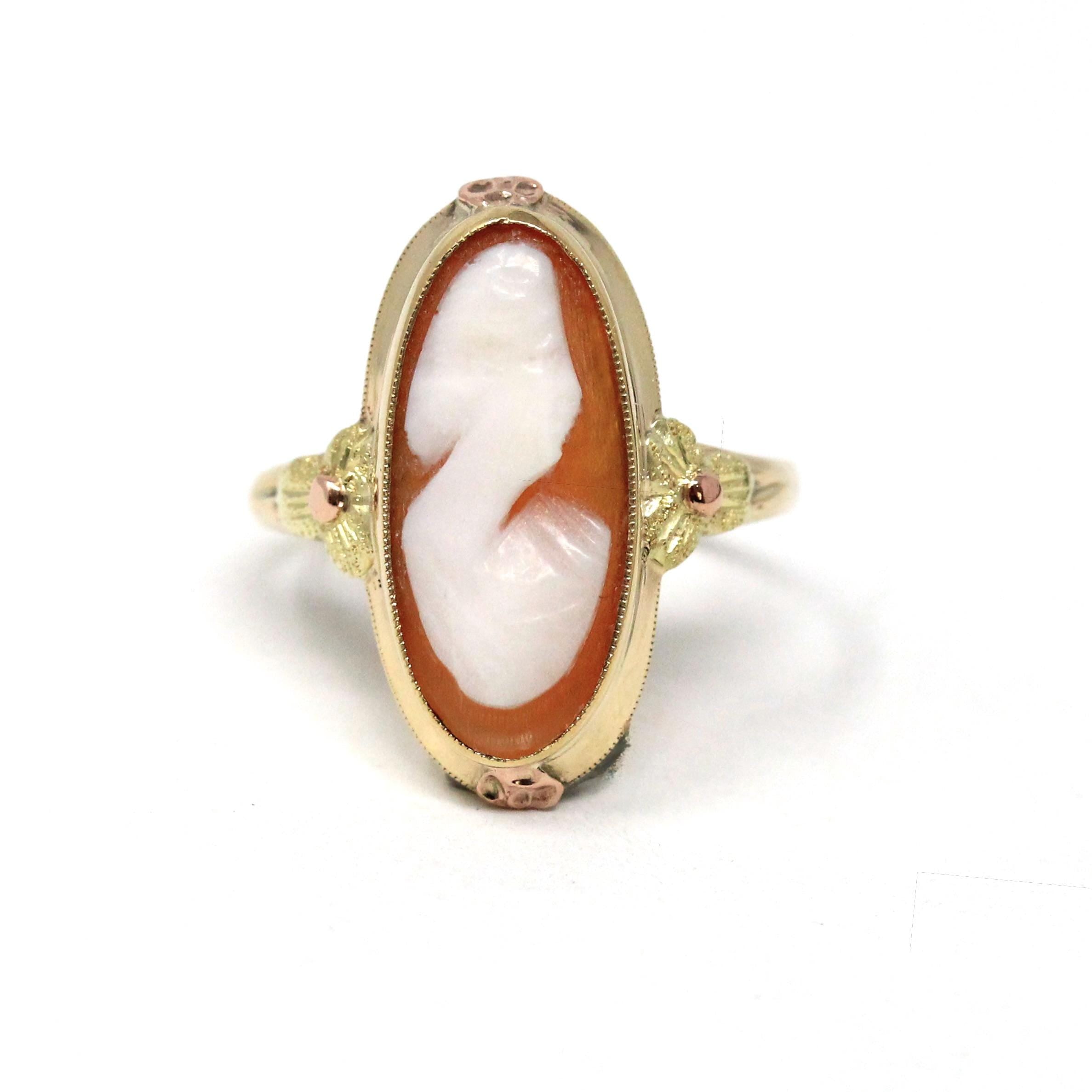 Vintage Cameo Ring - Mid Century 10k Yellow Gold Carved Oval Orange Shell Woman's Profile - Circa 1940s Era Size 6 3/4 Fine Fashion Jewelry