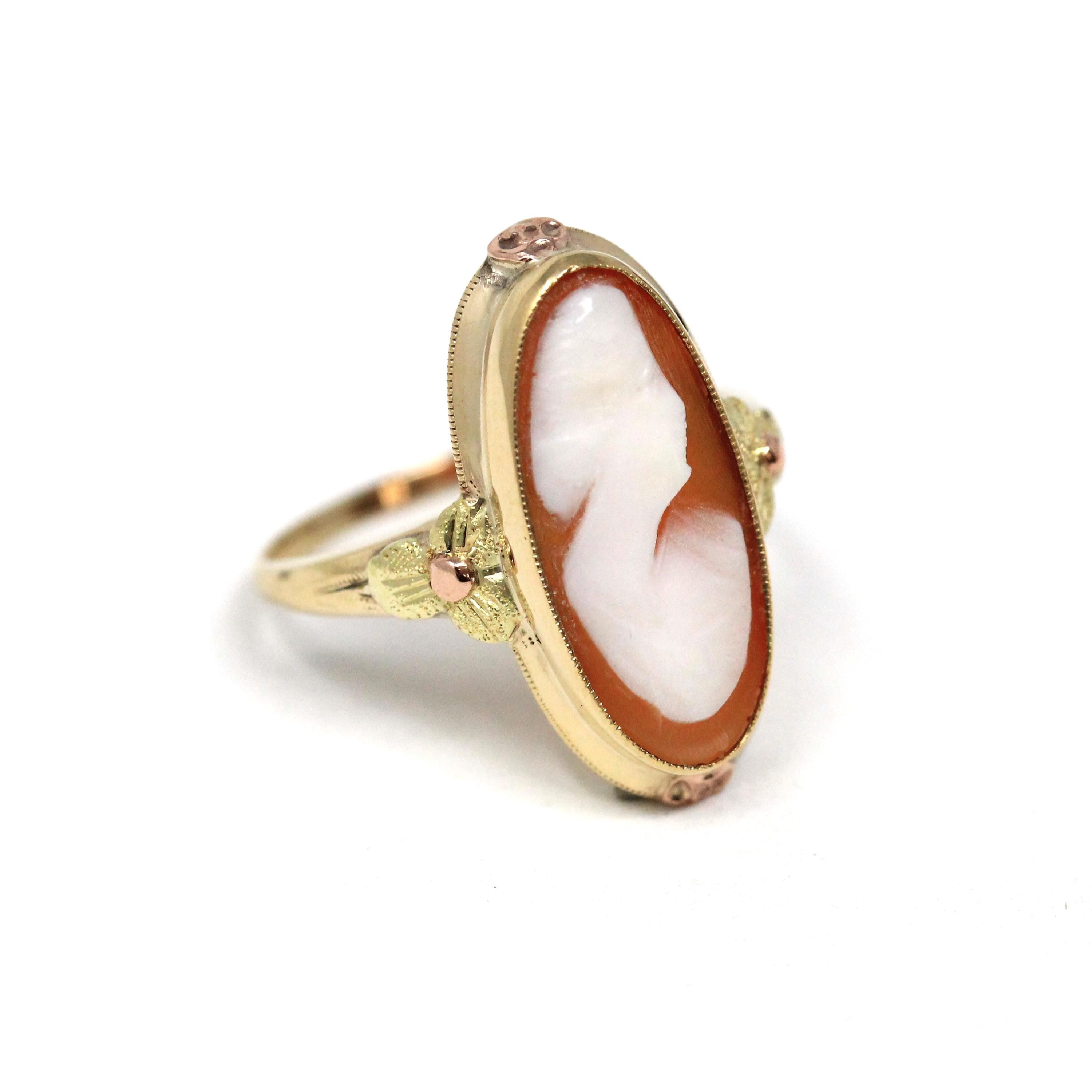 Vintage Cameo Ring - Mid Century 10k Yellow Gold Carved Oval Orange Shell Woman's Profile - Circa 1940s Era Size 6 3/4 Fine Fashion Jewelry