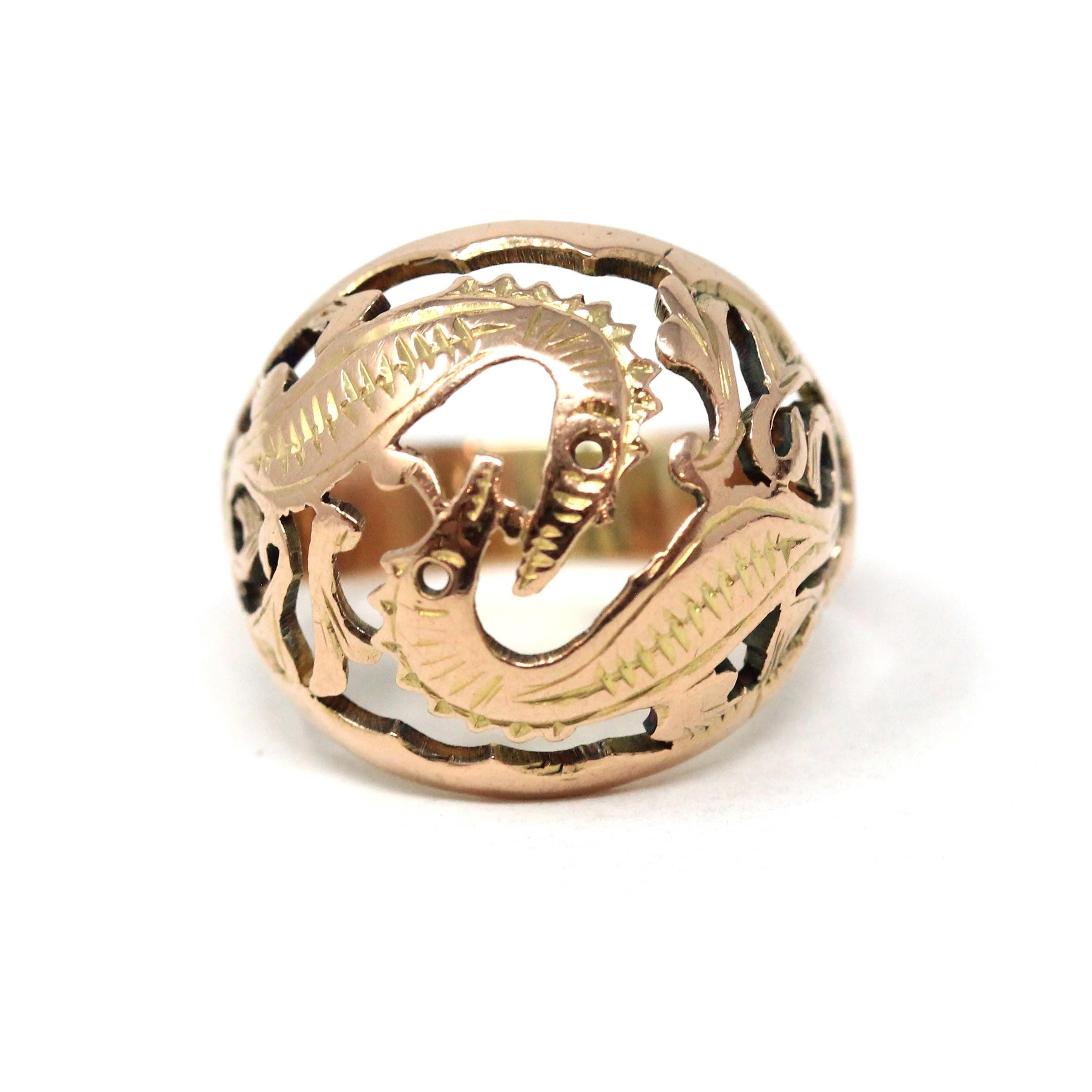 Vintage Seahorse Ring - Retro Era 14k Rose Gold Pierced Metal Dome Statement - Circa 1970s Era Size 7 Marine Animal Double Fish Fine Jewelry