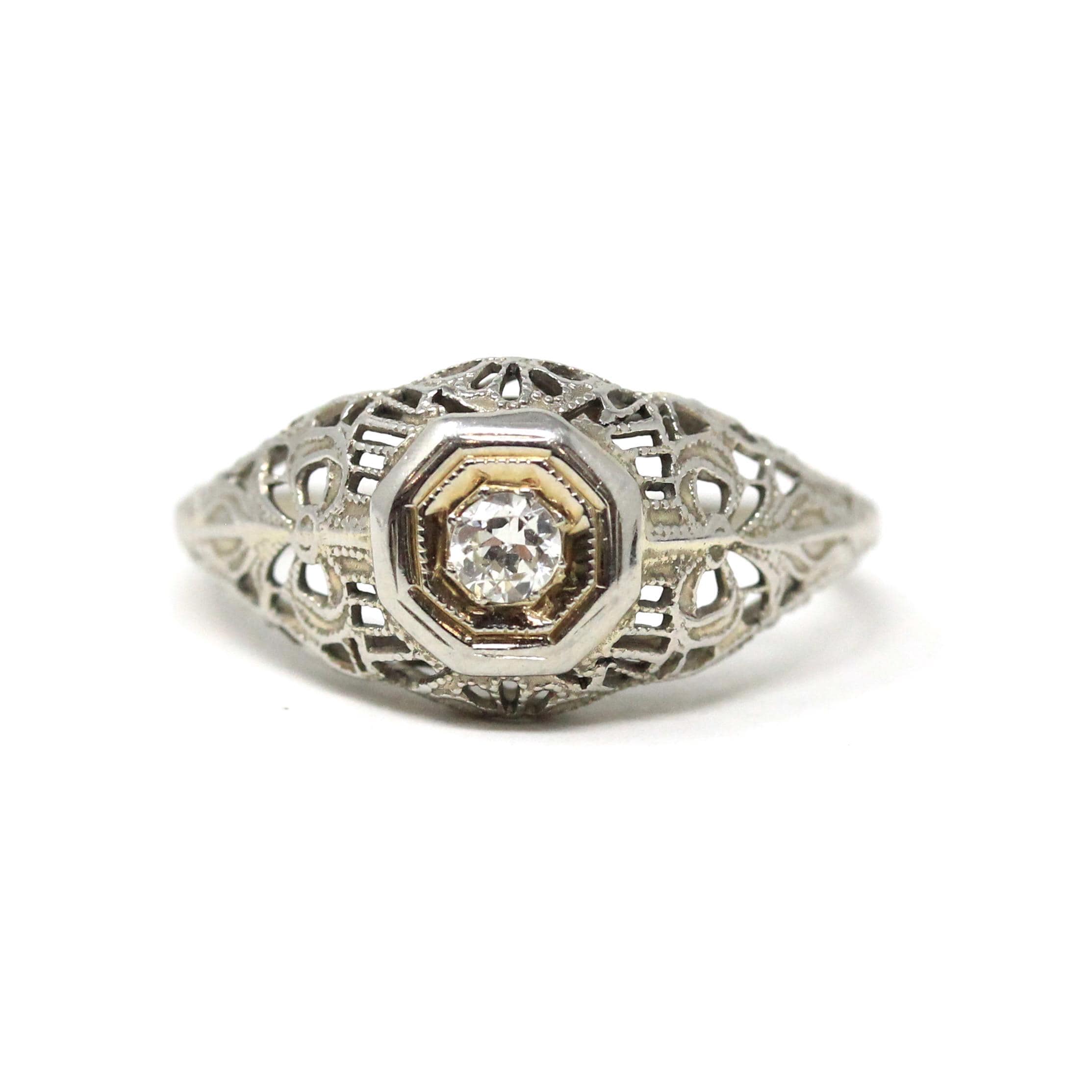 Vintage Diamond Ring - Art Deco 18k White Gold Natural Solitaire Engagement - Circa 1930s Era Size 5 3/4 Bow Flower Filigree Fine Jewelry