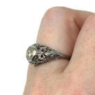Vintage Diamond Ring - Art Deco 18k White Gold Natural Solitaire Engagement - Circa 1930s Era Size 5 3/4 Bow Flower Filigree Fine Jewelry