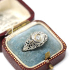 Vintage Diamond Ring - Art Deco 18k White Gold Natural Solitaire Engagement - Circa 1930s Era Size 5 3/4 Bow Flower Filigree Fine Jewelry