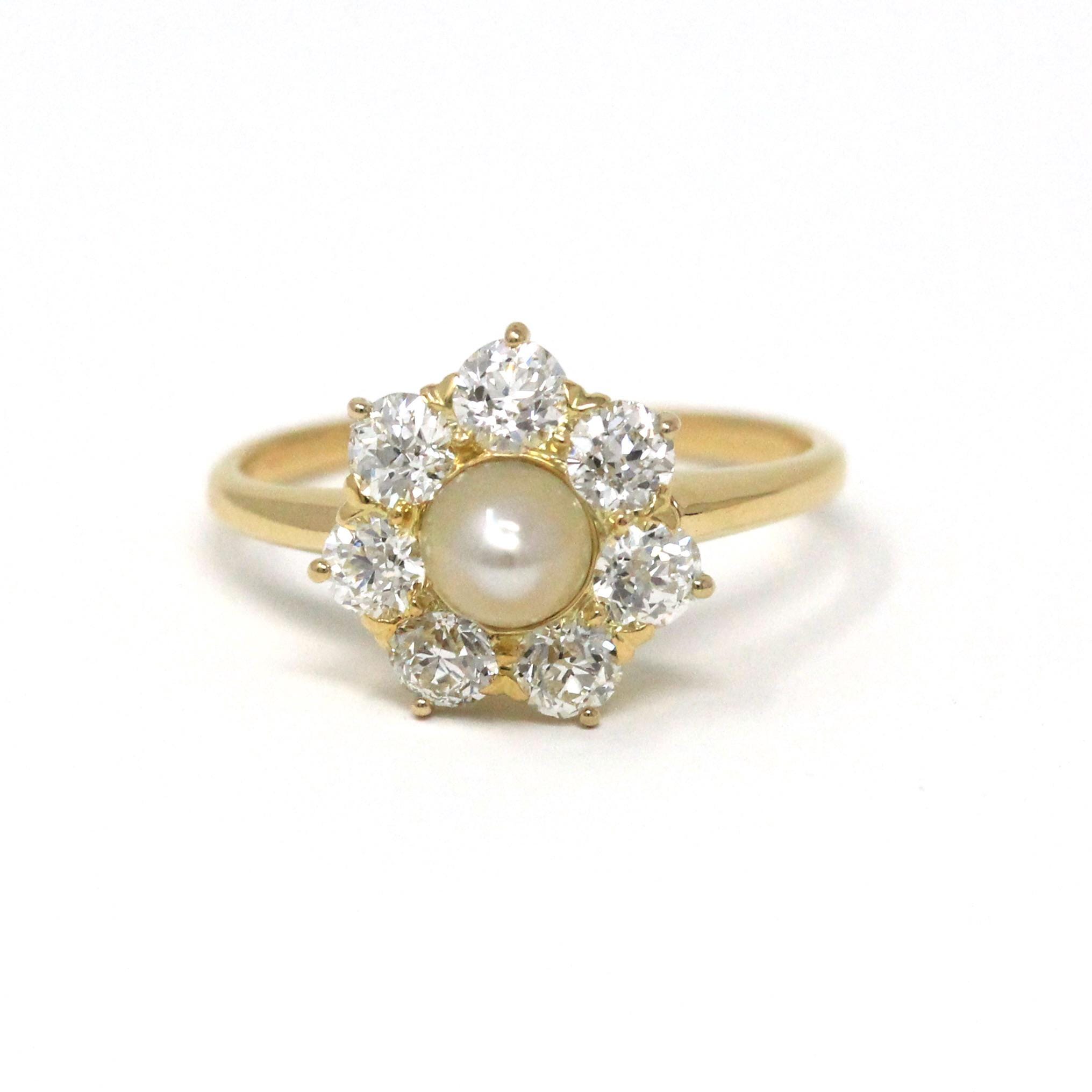 Vintage Pearl & Diamond Halo Ring - Edwardian 18k Yellow Gold Cluster Engagement - Antique Circa 1910s Size 6 June Birthstone Fine Jewelry