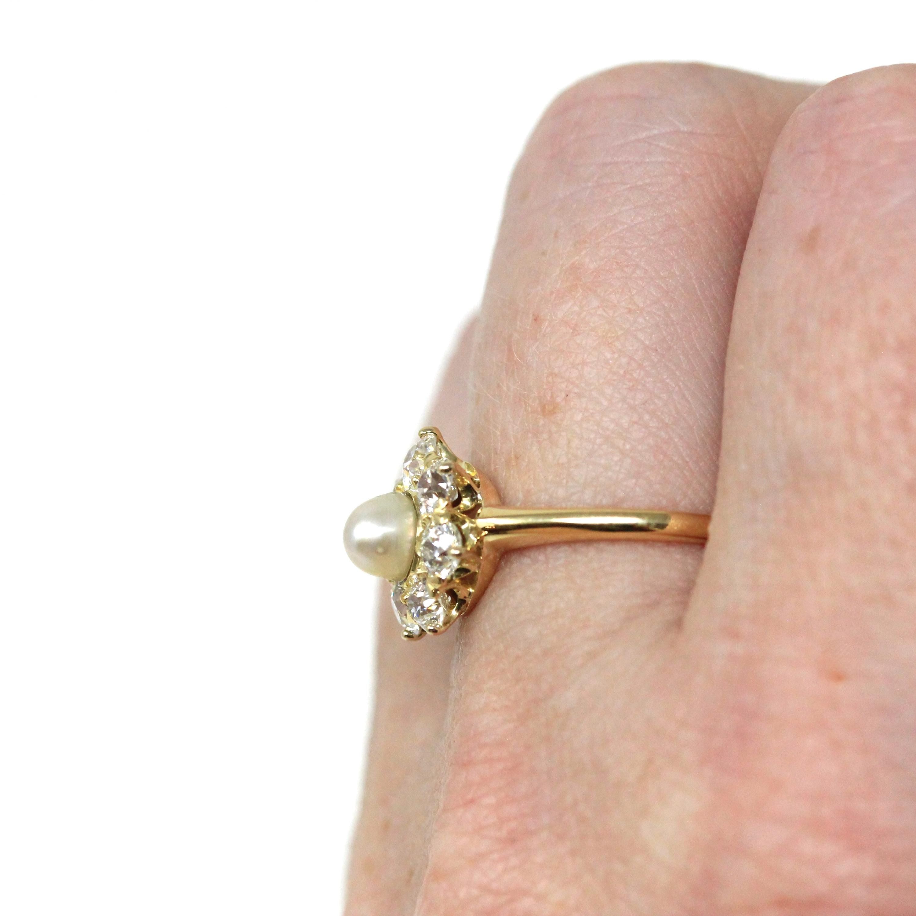 Vintage Pearl & Diamond Halo Ring - Edwardian 18k Yellow Gold Cluster Engagement - Antique Circa 1910s Size 6 June Birthstone Fine Jewelry