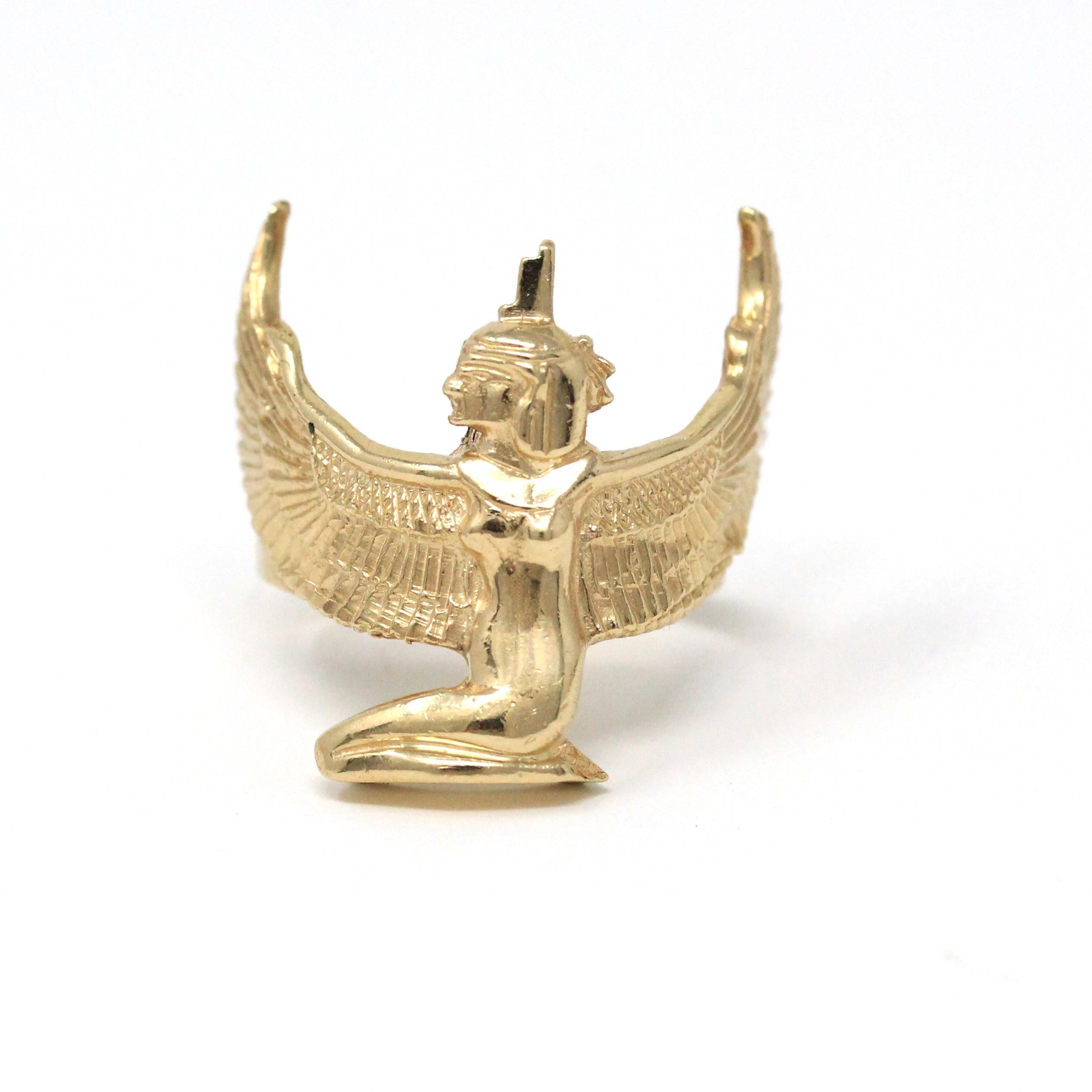 Vintage Egyptian Ring - Retro 14k Yellow Gold Cast Winged Goddess Isis Symbolism - Circa 1970s Era Size 6 1/2 Figural Fine Statement Jewelry