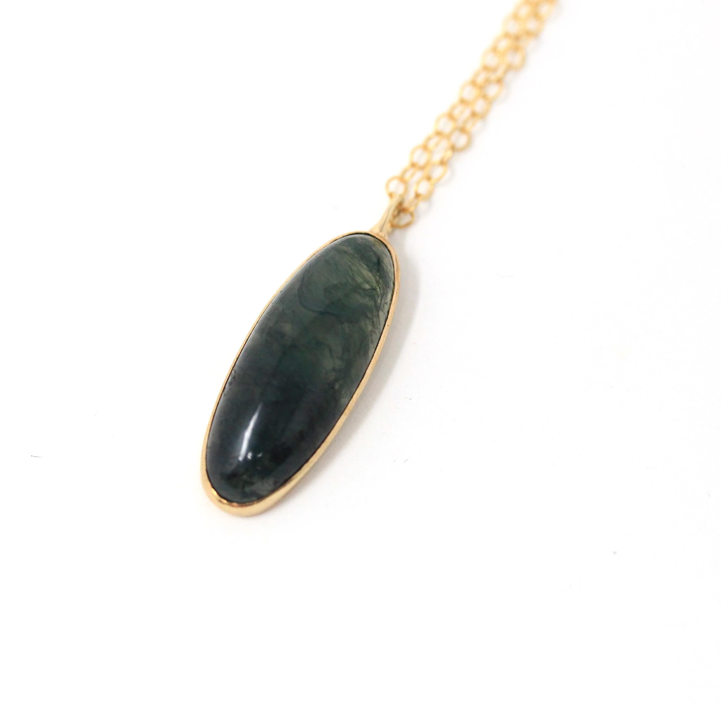 Moss Agate Pendant - Edwardian 10k Yellow Gold Stick Pin Conversion Charm - Antique Circa 1910s Era Oval Cabochon Natural Gem Fine Jewelry