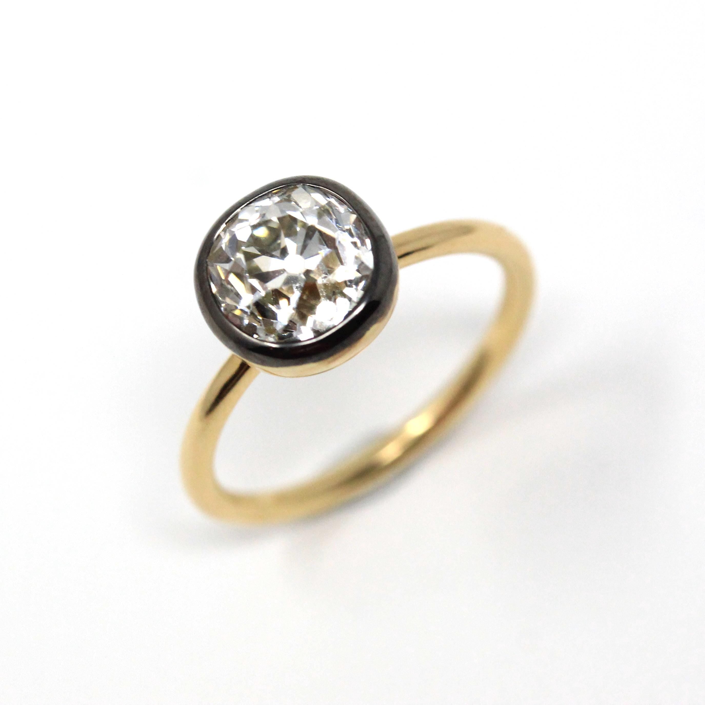 Antique 2.12 CT Old Mine Cut Diamond Engagement Ring - 18k Yellow Gold Blackened Platinum Bezel Two Tone Solitaire - Size 5 3/4 Fine Jewelry
