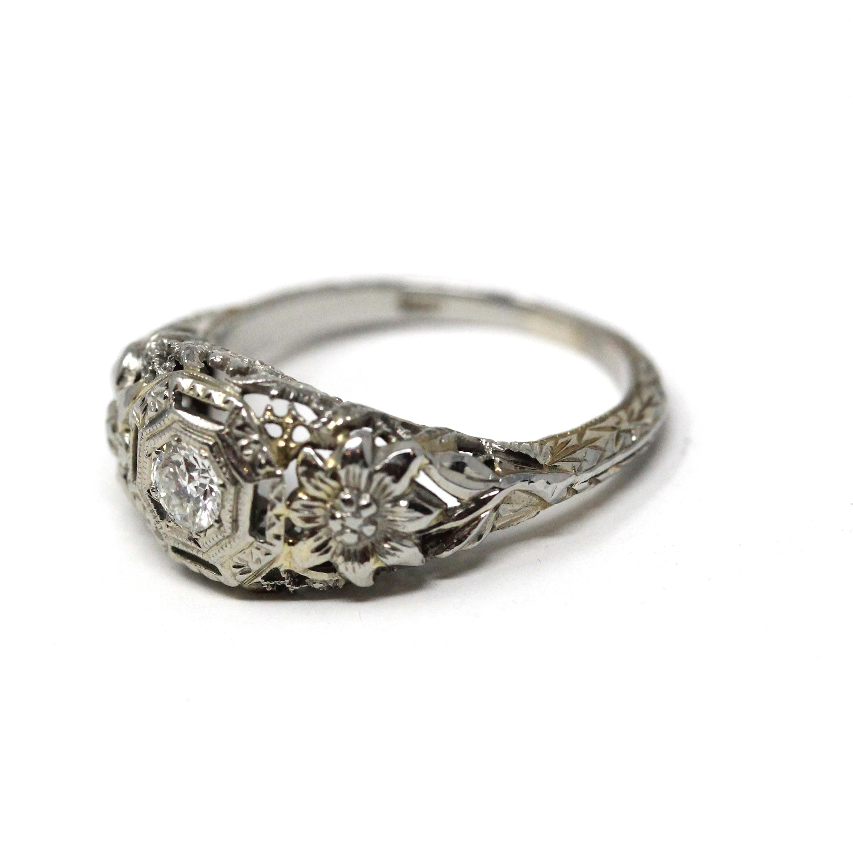 Vintage Diamond Ring - Art Deco 18k White Gold Natural Solitaire Engagement - Circa 1930s Era Floral Size 5 1/4 Flower Filigree Fine Jewelry