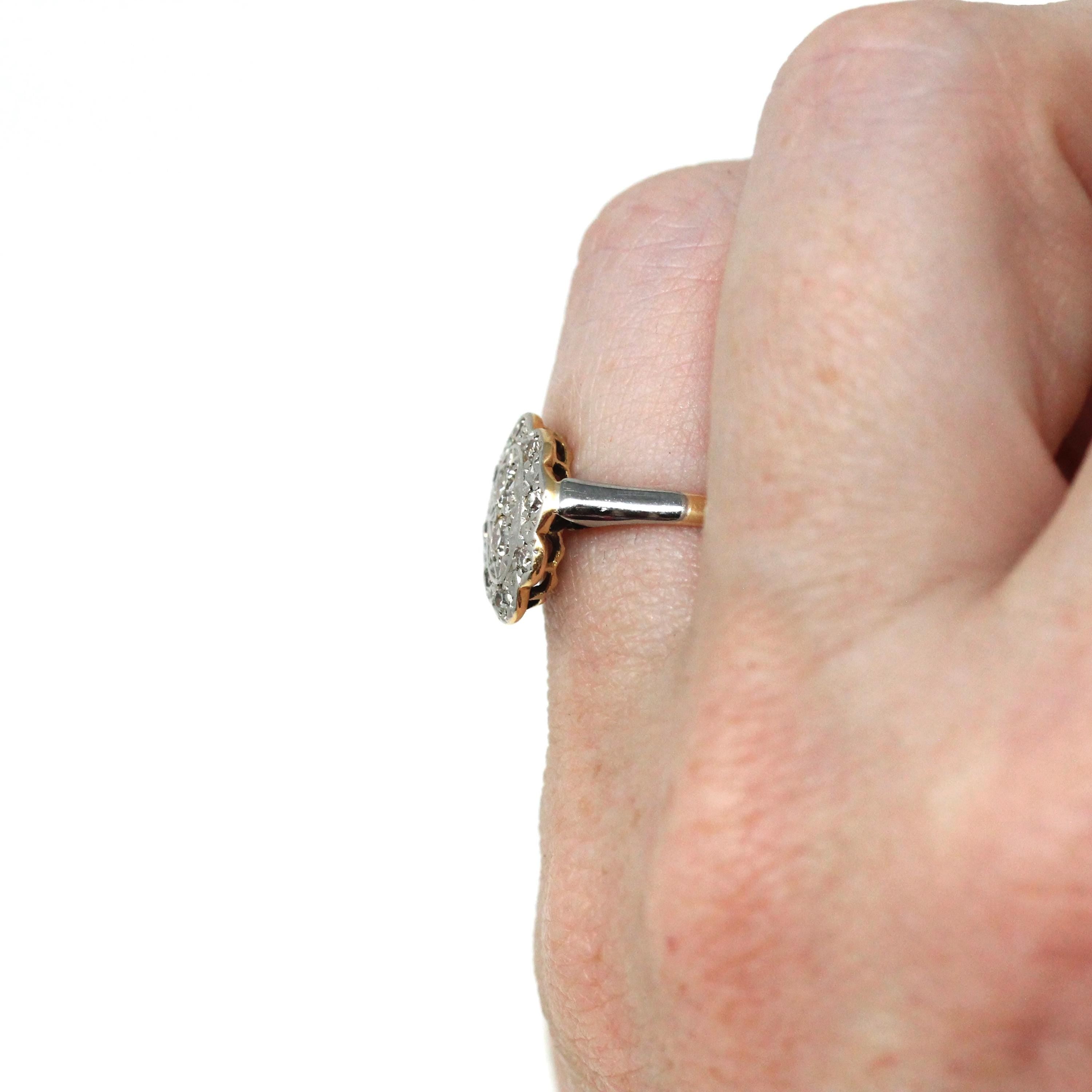 Vintage Shield Ring - Art Deco 18k Yellow Gold & Platinum Diamond Cluster Halo - Circa 1930s Era Size 4 1/2 Two Tone Fine Statement Jewelry