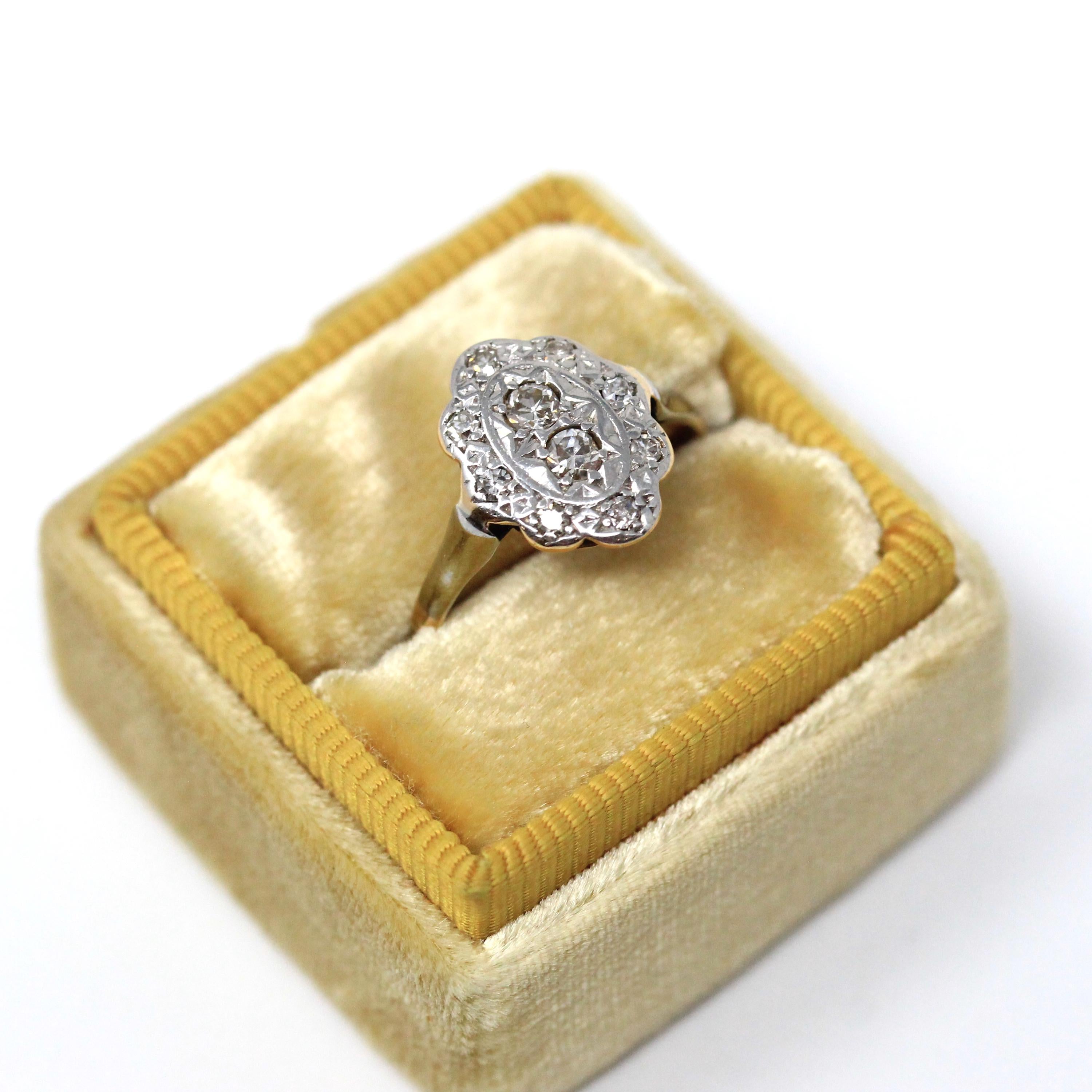 Vintage Shield Ring - Art Deco 18k Yellow Gold & Platinum Diamond Cluster Halo - Circa 1930s Era Size 4 1/2 Two Tone Fine Statement Jewelry