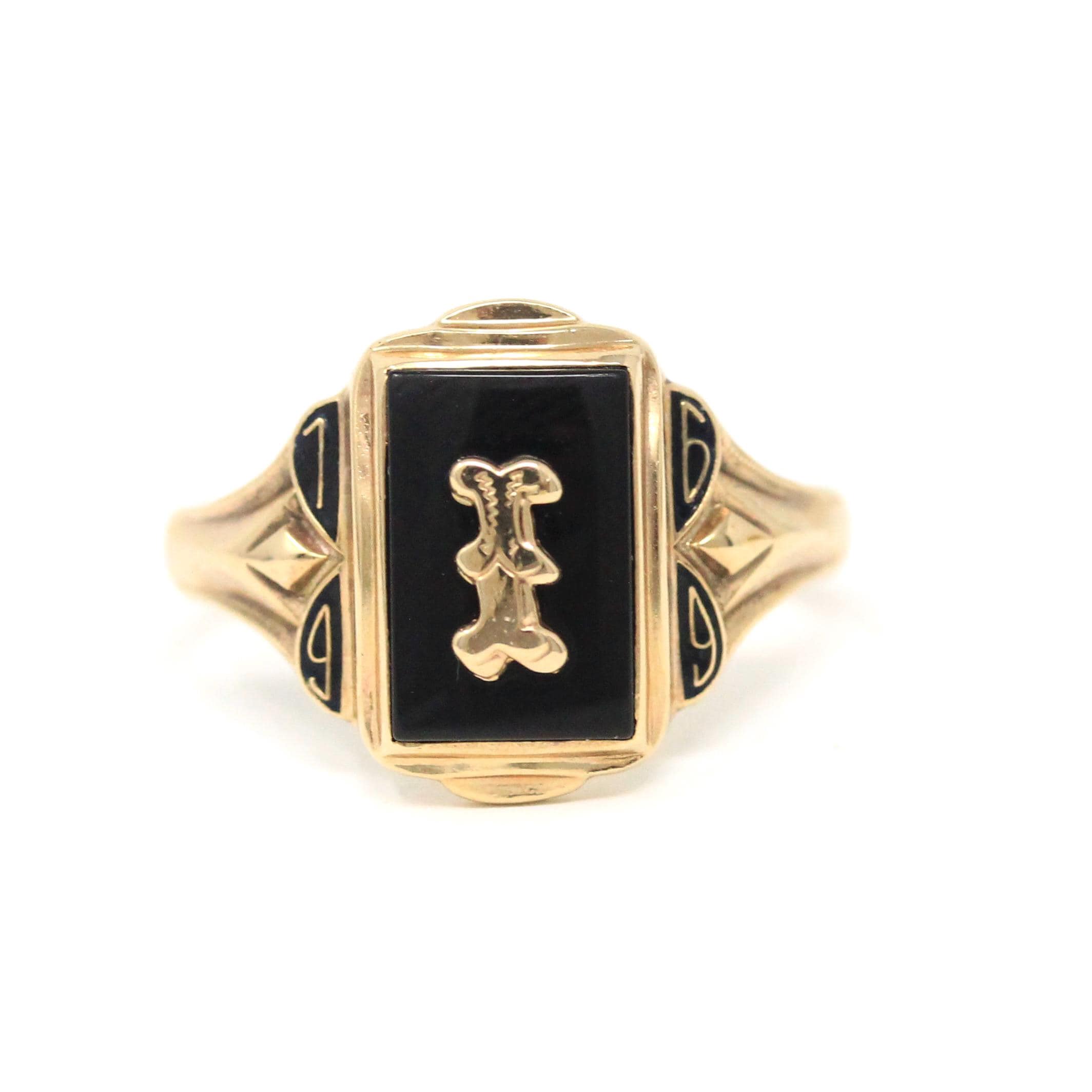 Initial "I" Ring - Retro 10k Yellow Gold Black Chalcedony & Enamel Signet - Vintage Circa 1960s Era Size 8 3/4 Fine Unisex Statement Jewelry