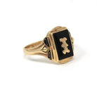 Initial "I" Ring - Retro 10k Yellow Gold Black Chalcedony & Enamel Signet - Vintage Circa 1960s Era Size 8 3/4 Fine Unisex Statement Jewelry
