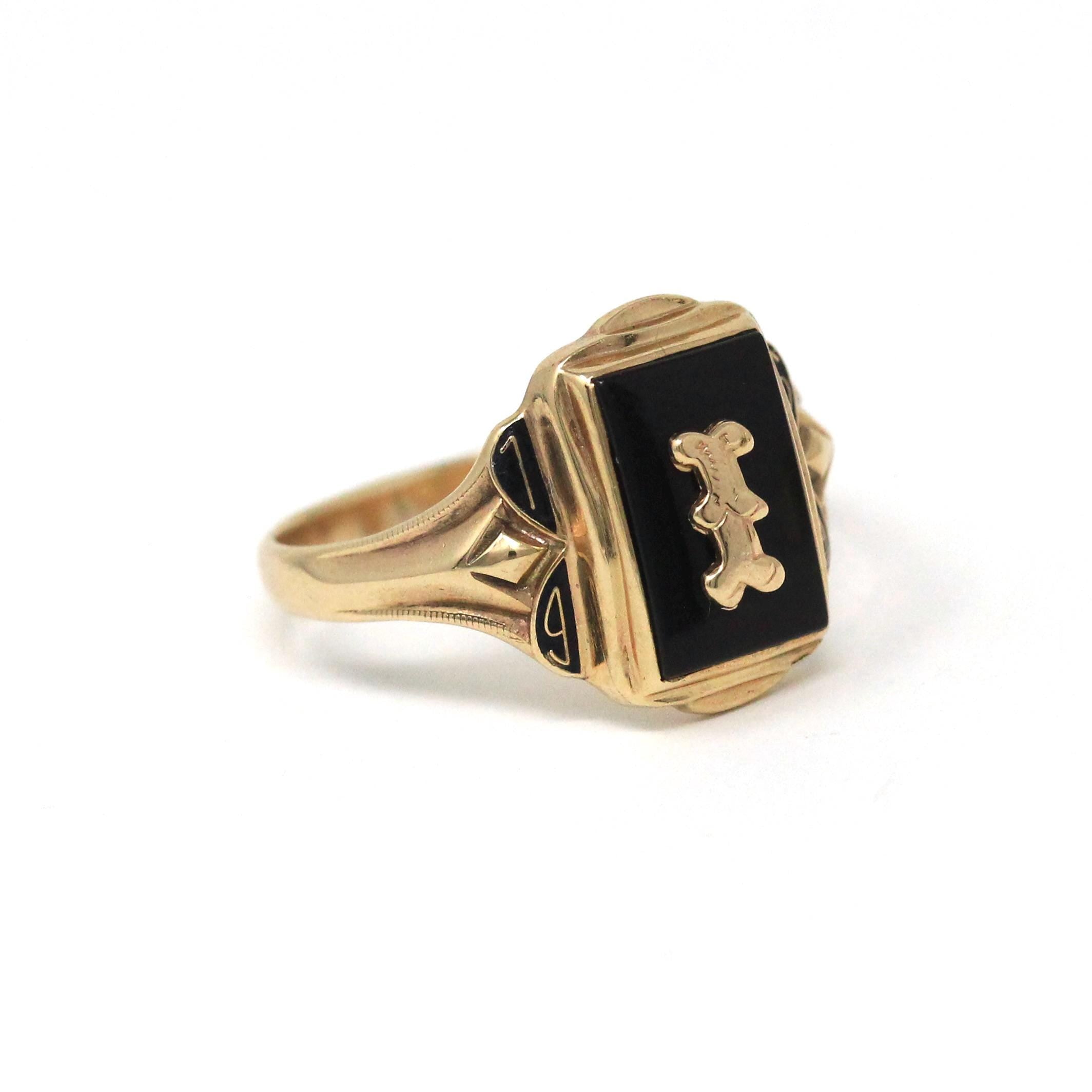 Initial "I" Ring - Retro 10k Yellow Gold Black Chalcedony & Enamel Signet - Vintage Circa 1960s Era Size 8 3/4 Fine Unisex Statement Jewelry