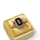 Initial "I" Ring - Retro 10k Yellow Gold Black Chalcedony & Enamel Signet - Vintage Circa 1960s Era Size 8 3/4 Fine Unisex Statement Jewelry