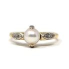 Cultured Pearl Ring - Mid Century 10k Yellow & White Gold Diamond Accents - Circa 1940s Era Size 5.5 June Birthstone Fine Statement Jewelry