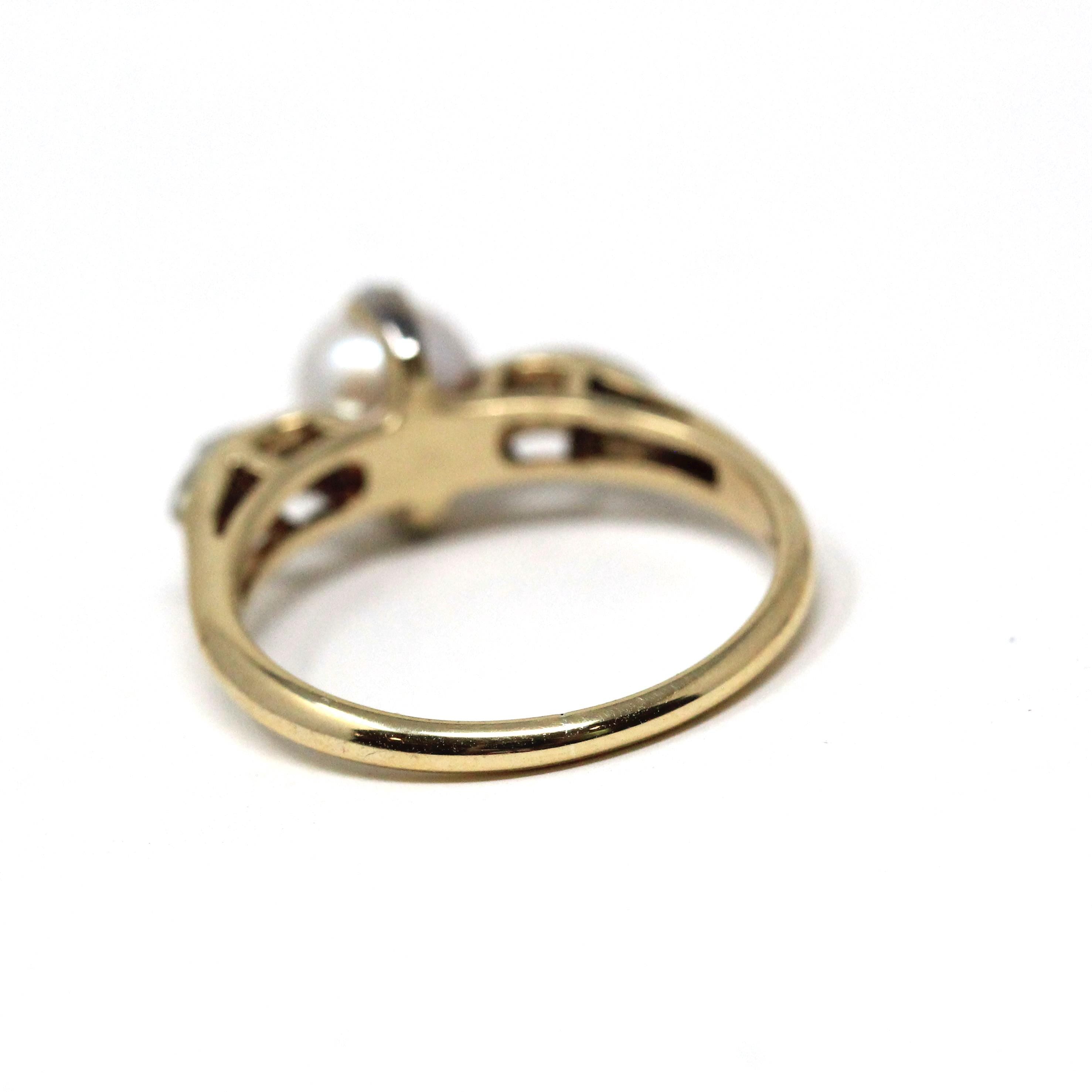 Cultured Pearl Ring - Mid Century 10k Yellow & White Gold Diamond