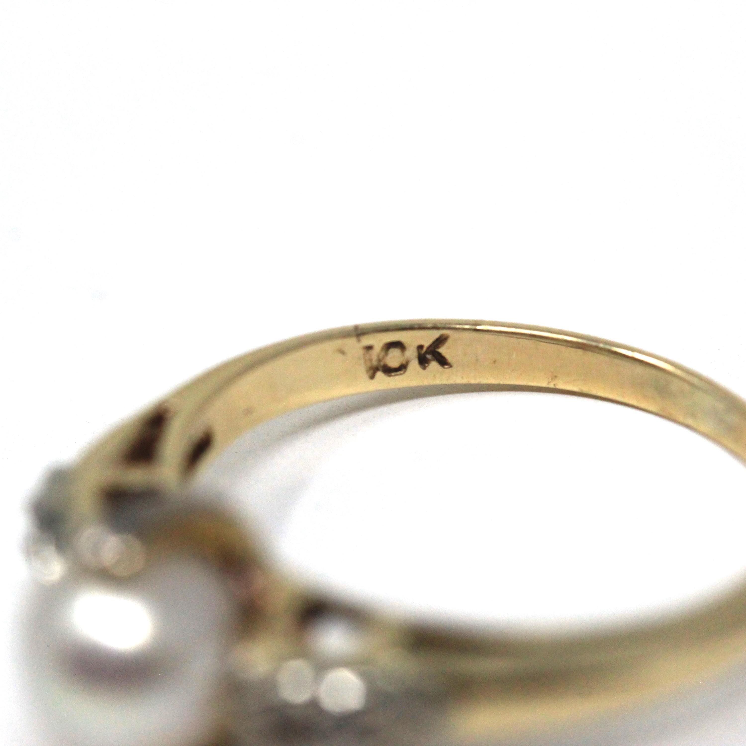Cultured Pearl Ring - Mid Century 10k Yellow & White Gold Diamond Accents - Circa 1940s Era Size 5.5 June Birthstone Fine Statement Jewelry