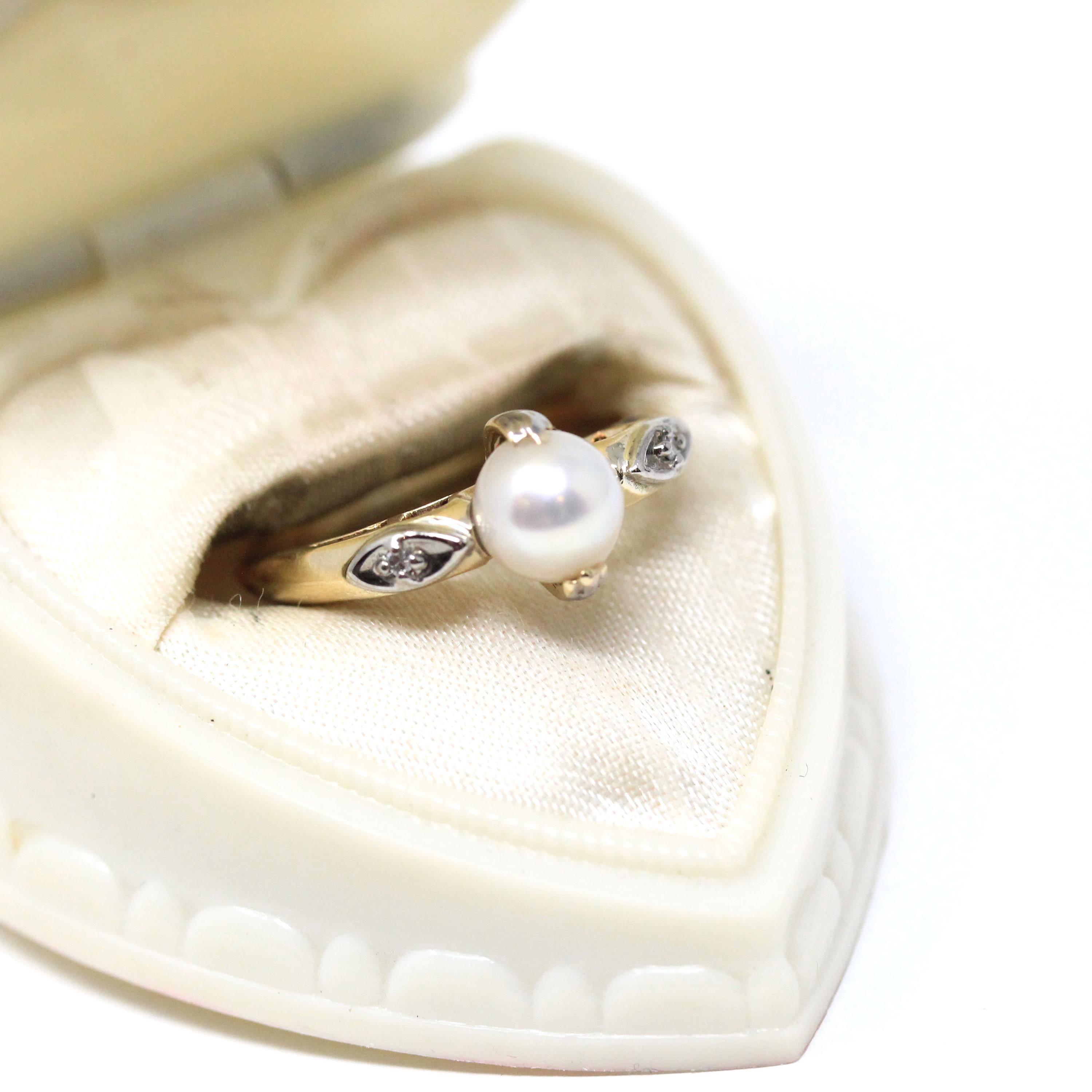 Cultured Pearl Ring - Mid Century 10k Yellow & White Gold Diamond Accents - Circa 1940s Era Size 5.5 June Birthstone Fine Statement Jewelry