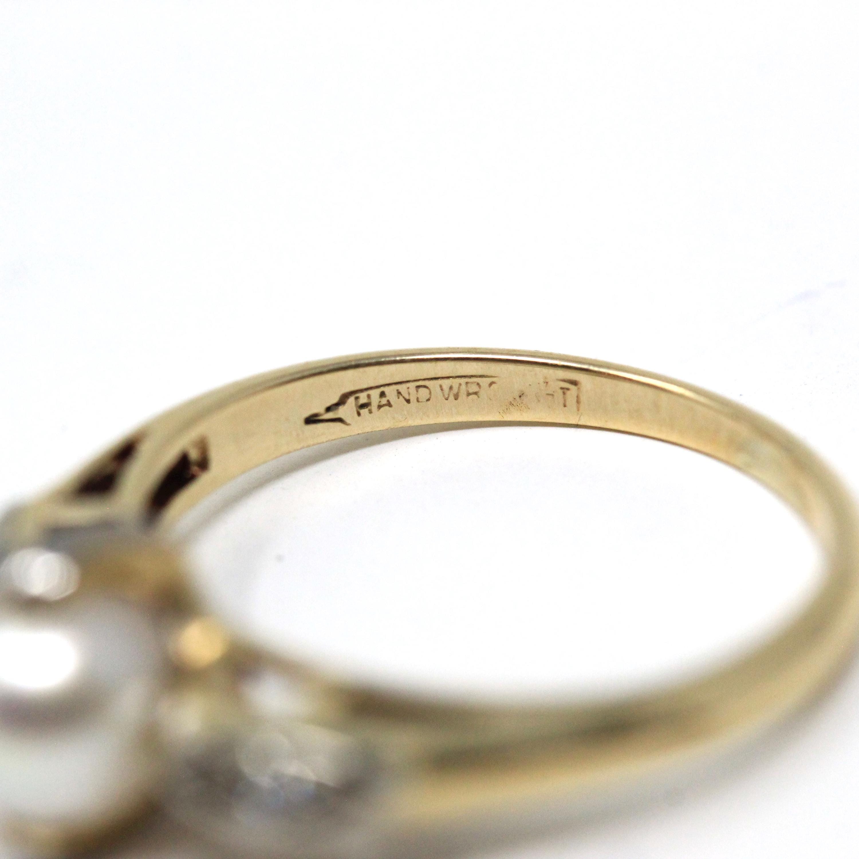 Cultured Pearl Ring - Mid Century 10k Yellow & White Gold Diamond Accents - Circa 1940s Era Size 5.5 June Birthstone Fine Statement Jewelry