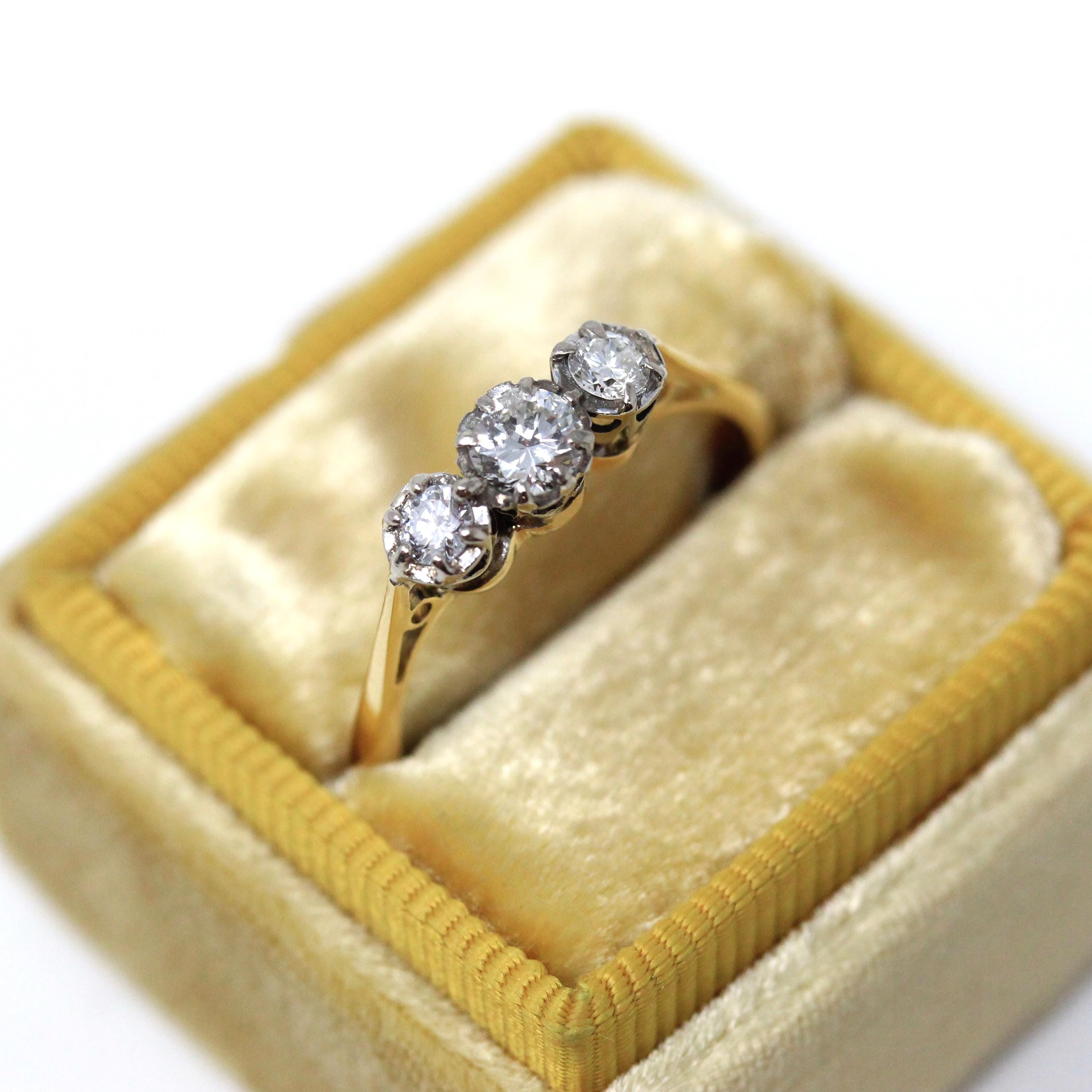 Vintage Diamond Ring - Mid Century Era 18k Yellow Gold & Platinum Natural Three Gemstone Band - Circa 1960s Size 6 1/4 Fine Bridal Jewelry