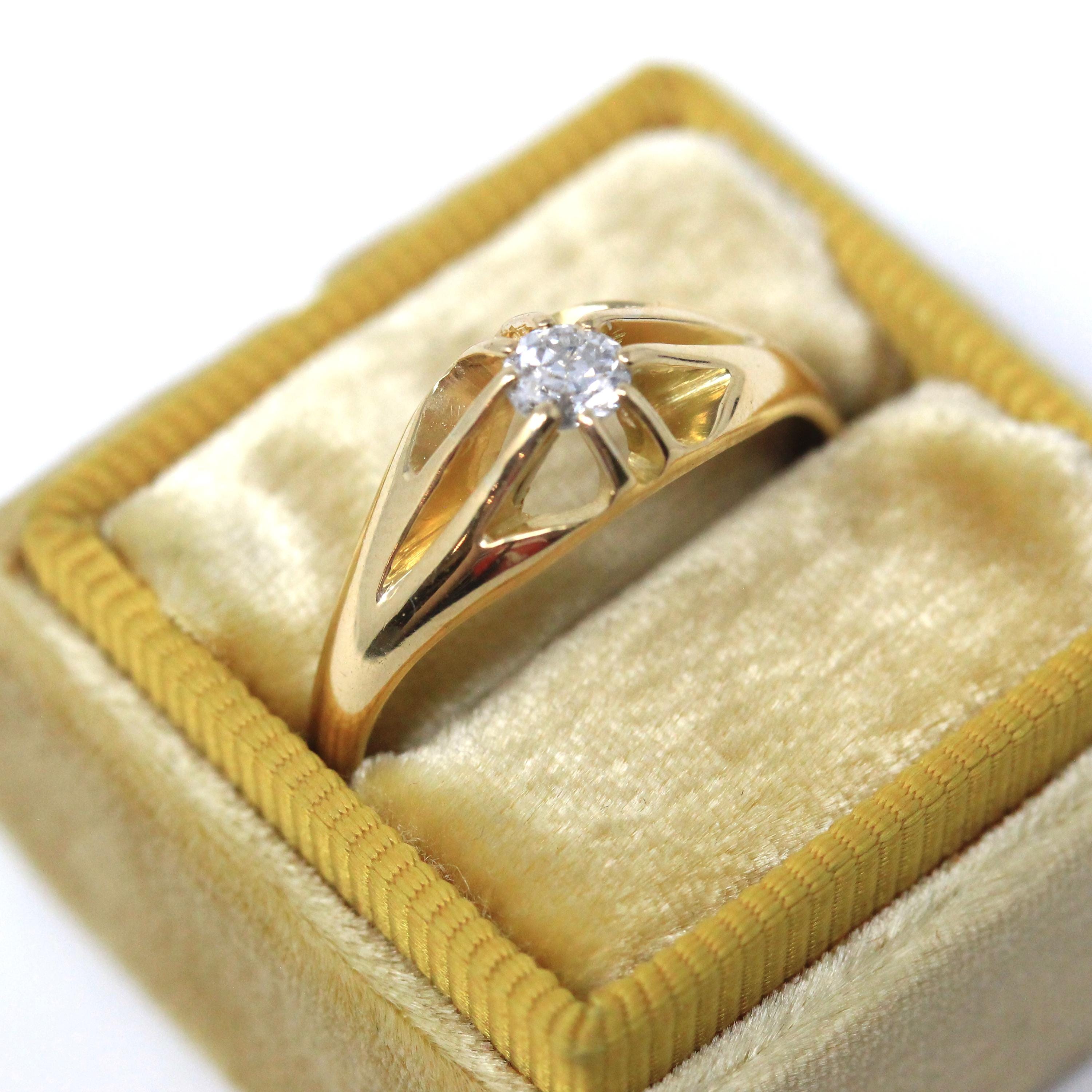 Edwardian Diamond Ring - Antique 18k Yellow Gold .23 CT Men's Unisex Solitaire - Antique 1910s Size 9 3/4 Belcher Fine Engagement Jewelry
