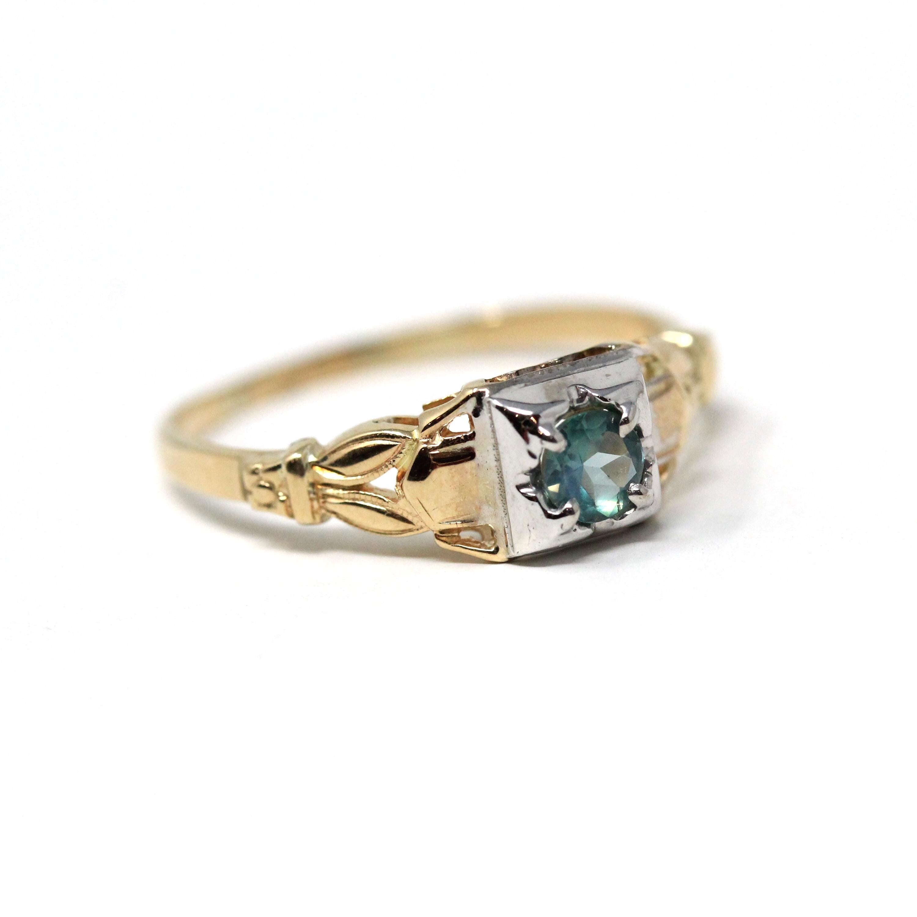 Natural Alexandrite Ring - Mid Century 14k Yellow & 18k White Gold Two Tone Engagement Solitaire - Circa 1940s Era Size 7 3/4 Fine Jewelry