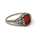 Vintage Sard Ring - Art Deco 14k White Gold Bezel Set Dark Red Gemstone & Natural Diamonds - Circa 1930s Size 5 3/4 Filigree Fine Jewelry