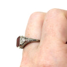 Vintage Sard Ring - Art Deco 14k White Gold Bezel Set Dark Red Gemstone & Natural Diamonds - Circa 1930s Size 5 3/4 Filigree Fine Jewelry