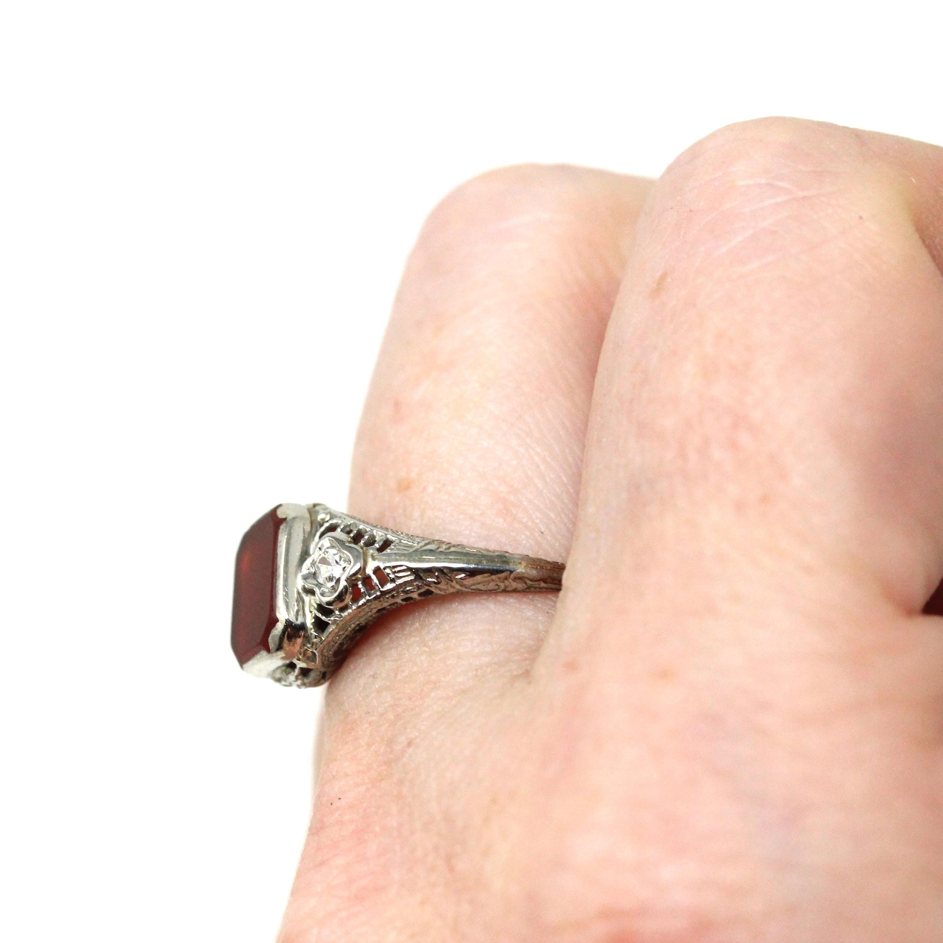 Vintage Sard Ring - Art Deco 14k White Gold Bezel Set Dark Red Gemstone & Natural Diamonds - Circa 1930s Size 5 3/4 Filigree Fine Jewelry