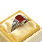 Vintage Sard Ring - Art Deco 14k White Gold Bezel Set Dark Red Gemstone & Natural Diamonds - Circa 1930s Size 5 3/4 Filigree Fine Jewelry