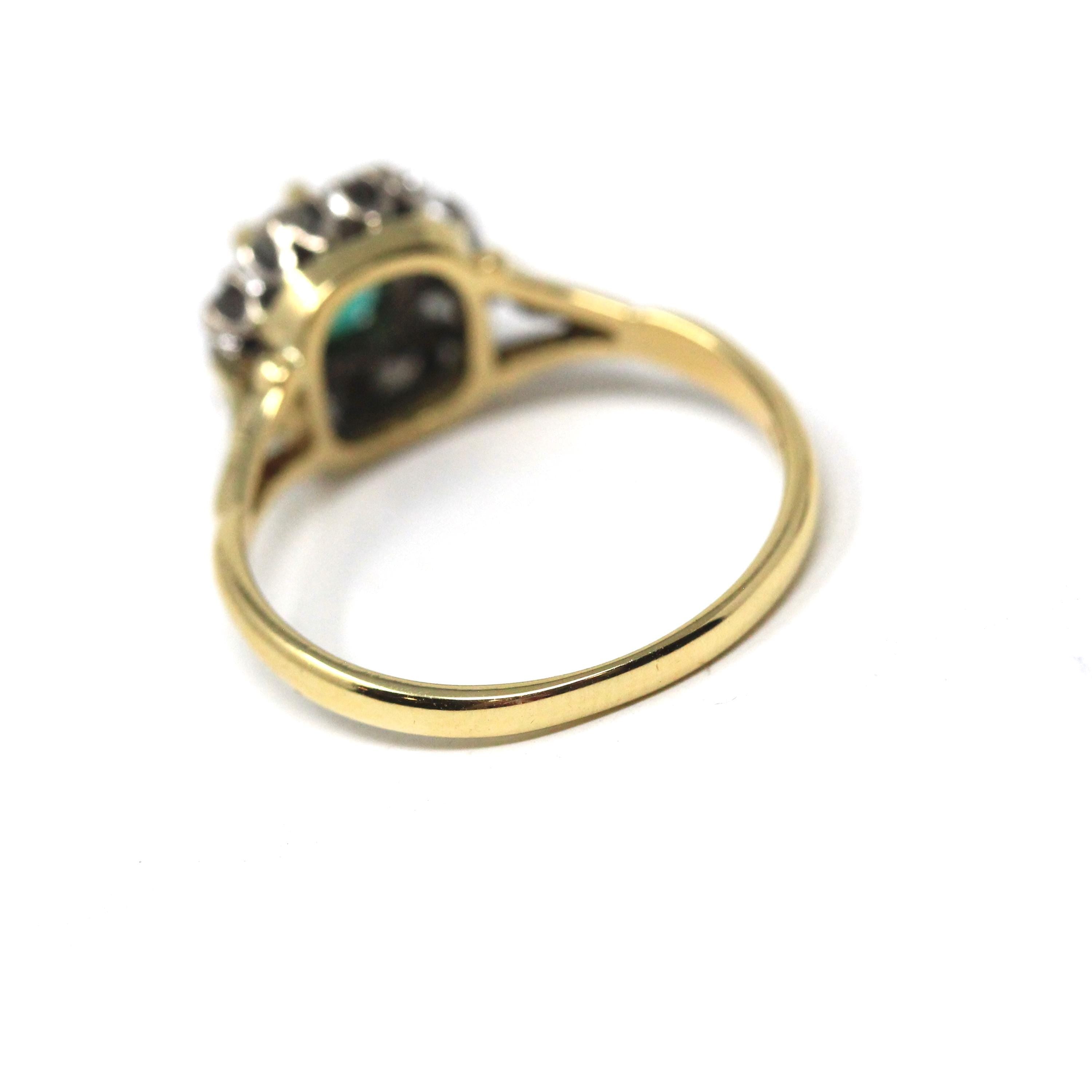 Emerald & Diamond Halo Ring - Estate 18k Yellow Gold Natural Green Gemstone .36 CTW Cluster - Hallmarked 1994 Engagement Bridal Fine Jewelry