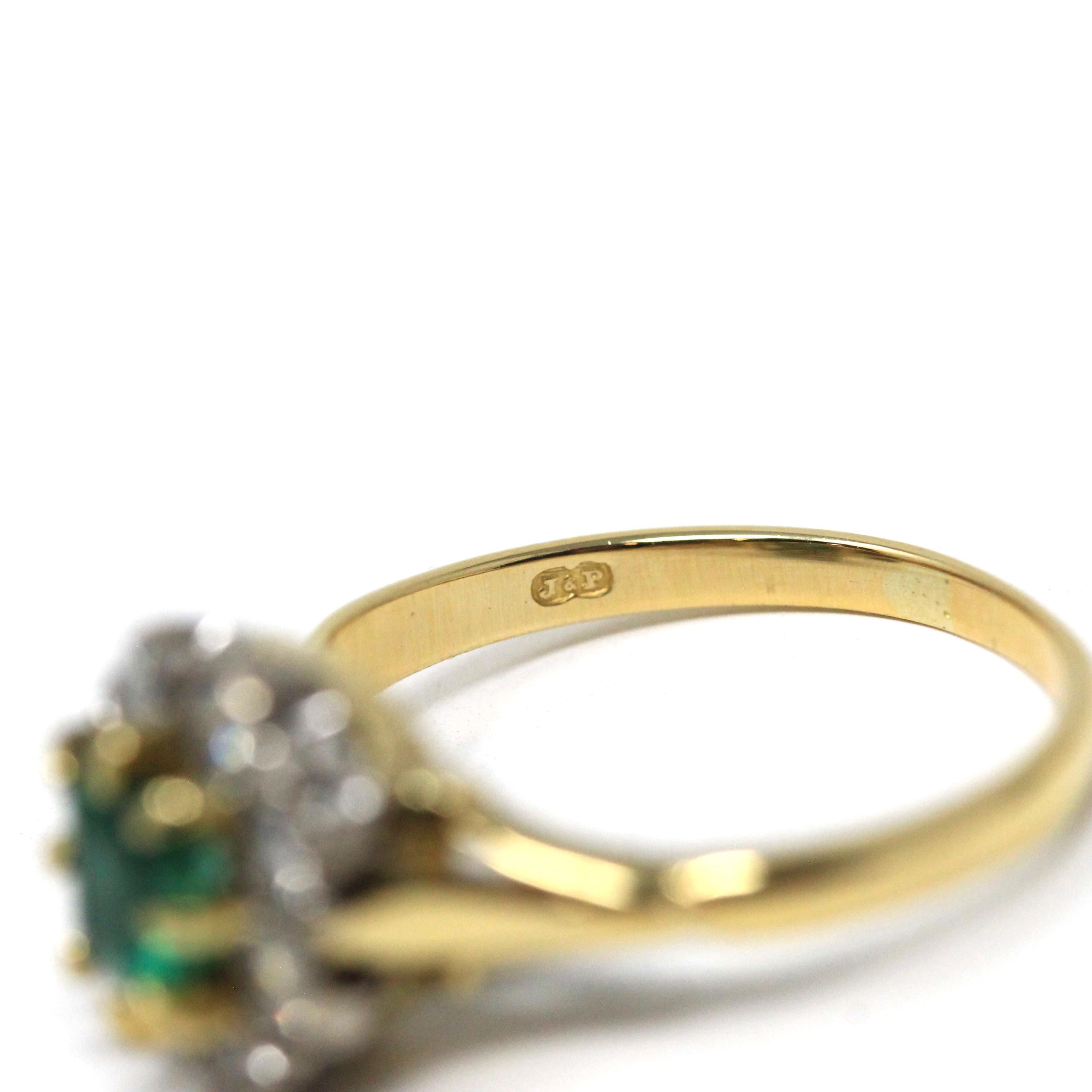 Emerald & Diamond Halo Ring - Estate 18k Yellow Gold Natural Green Gemstone .36 CTW Cluster - Hallmarked 1994 Engagement Bridal Fine Jewelry