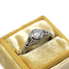 Antique Engagement Ring - Art Deco 18k White Gold .13 CT Natural Diamond Solitaire - Circa 1920s Era Size 6 1/4 Bridal Filigree Fine Jewelry
