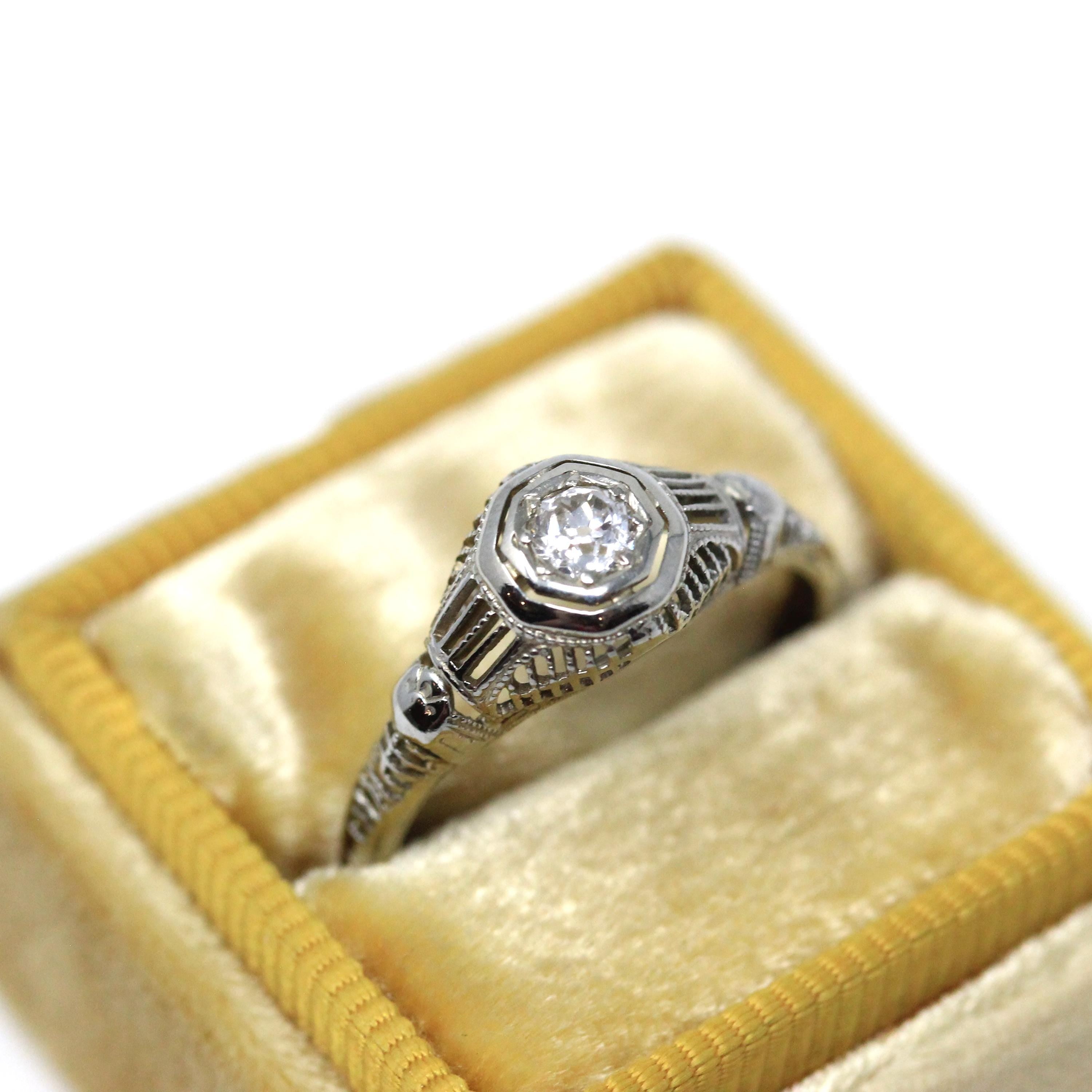 Antique Engagement Ring - Art Deco 18k White Gold .13 CT Natural Diamond Solitaire - Circa 1920s Era Size 6 1/4 Bridal Filigree Fine Jewelry