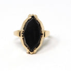 Vintage Onyx Ring - Retro 10k Yellow Gold Fancy Marquise Cut Black Chalcedony Cabochon Gemstone - Circa 1960s Size 6 Fine Statement Jewelry