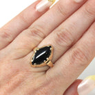 Vintage Onyx Ring - Retro 10k Yellow Gold Fancy Marquise Cut Black Chalcedony Cabochon Gemstone - Circa 1960s Size 6 Fine Statement Jewelry