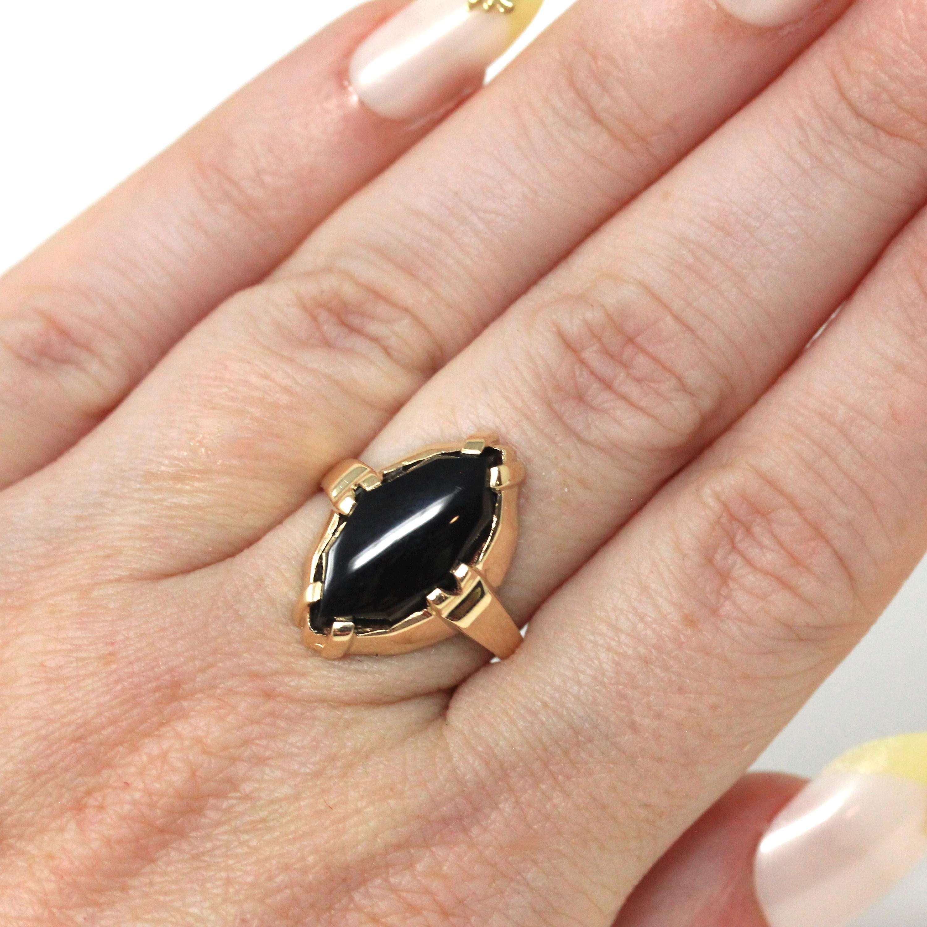 Vintage Onyx Ring - Retro 10k Yellow Gold Fancy Marquise Cut Black Chalcedony Cabochon Gemstone - Circa 1960s Size 6 Fine Statement Jewelry