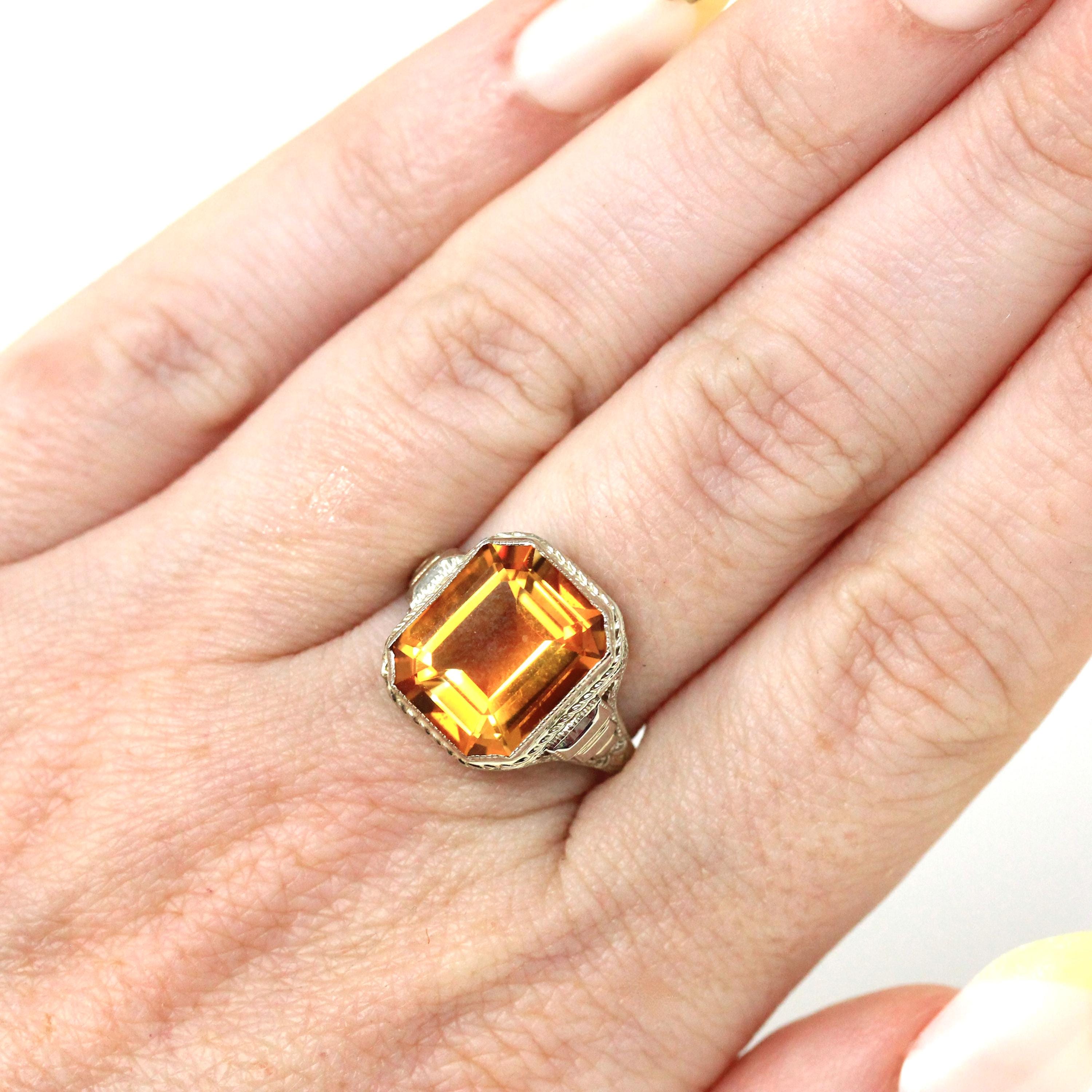 Natural Citrine Ring - Art Deco 14k White Gold Emerald Cut Gemstone - Vintage Circa 1930s Era Size 8 1/2 November Birthstone Fine Jewelry
