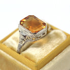 Natural Citrine Ring - Art Deco 14k White Gold Emerald Cut Gemstone - Vintage Circa 1930s Era Size 8 1/2 November Birthstone Fine Jewelry