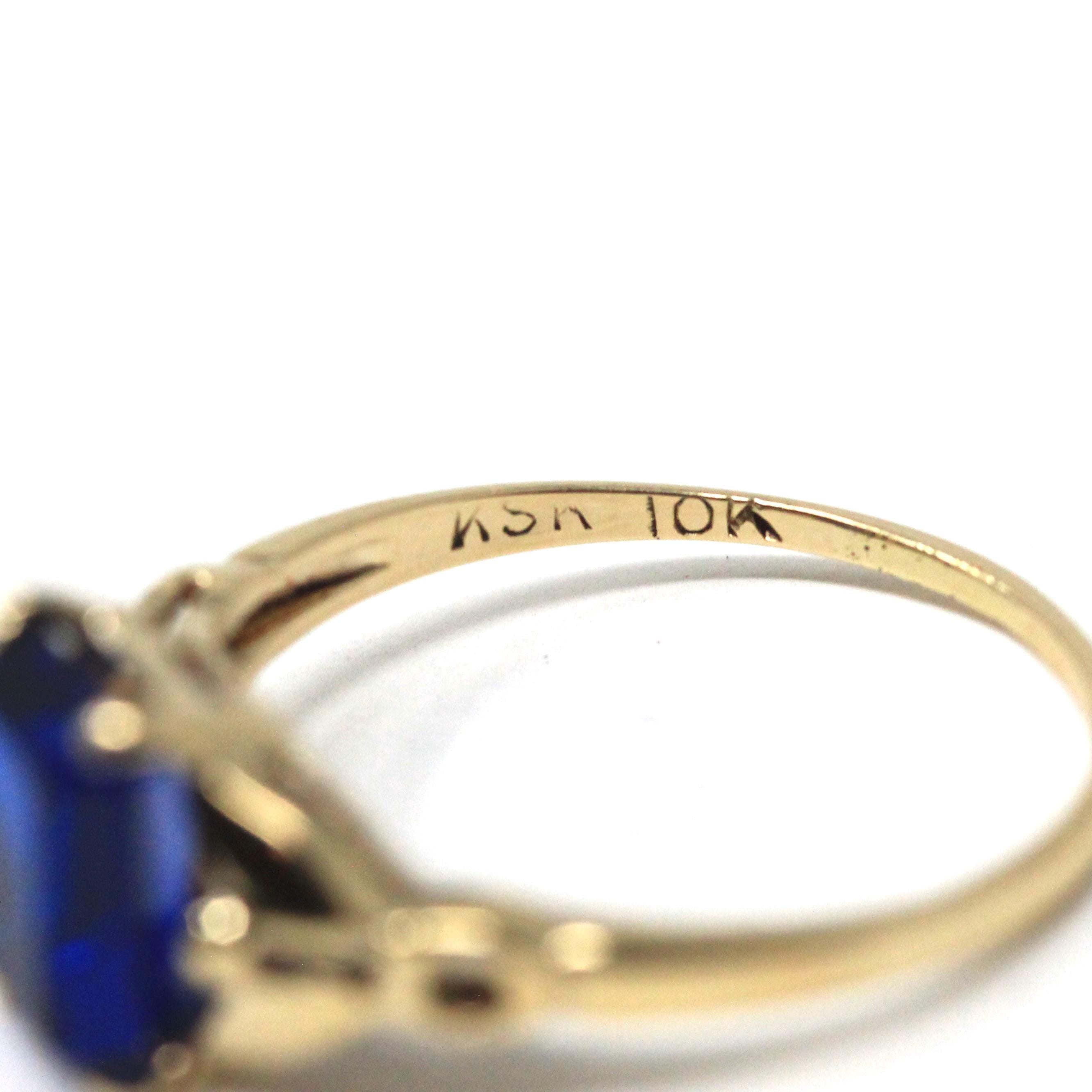 Created Spinel Ring - Mid Century 10k Yellow Gold Emerald Cut 4.41 CT Blue Stone - Circa 1940s Era Size 6 Statement Fine Birthstone Jewelry