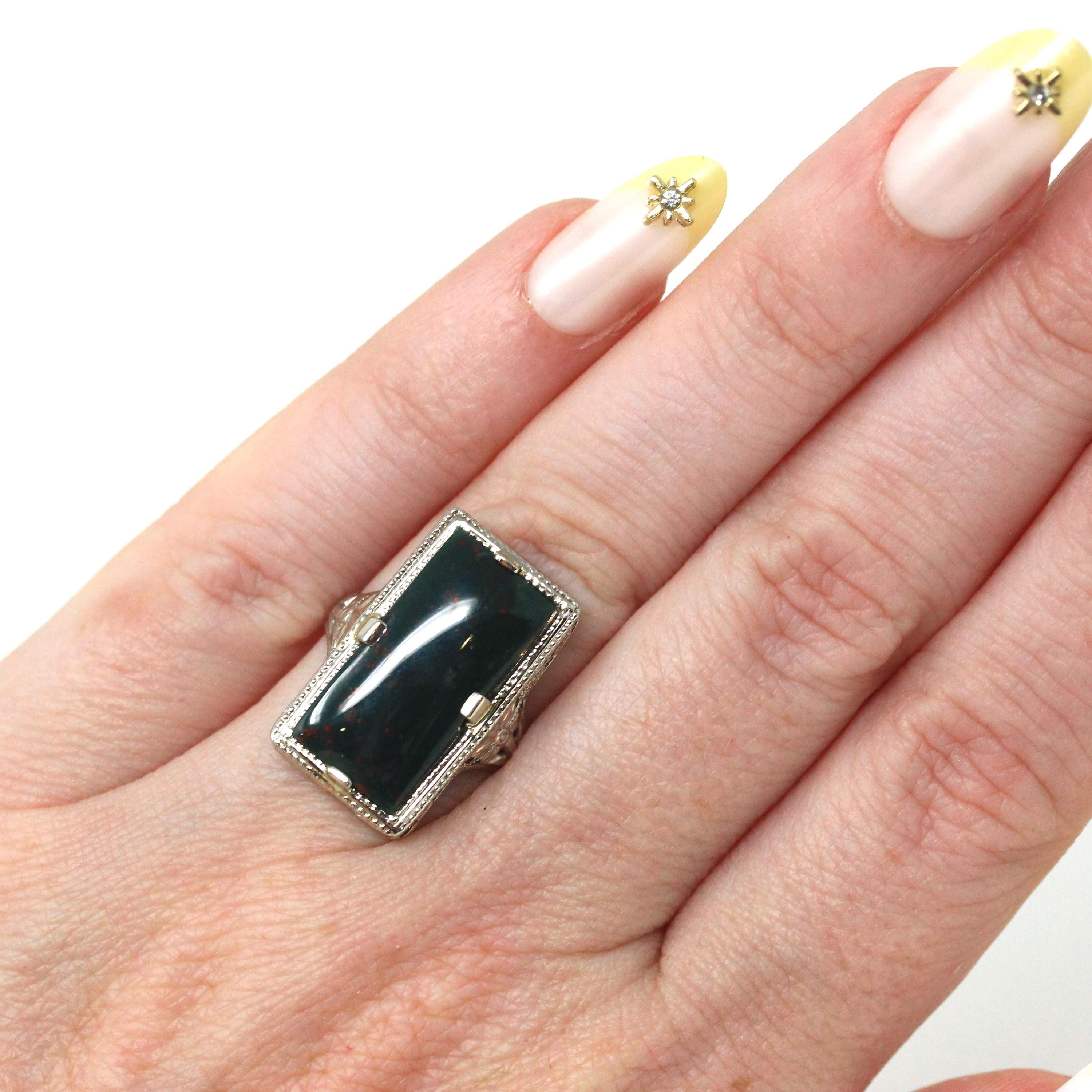 Vintage Bloodstone Ring - Art Deco 14k White Gold Dark Green Oxblood Red Gem - Circa 1930s Era Size 4 1/2 Heliotrope Fine Filigree Jewelry