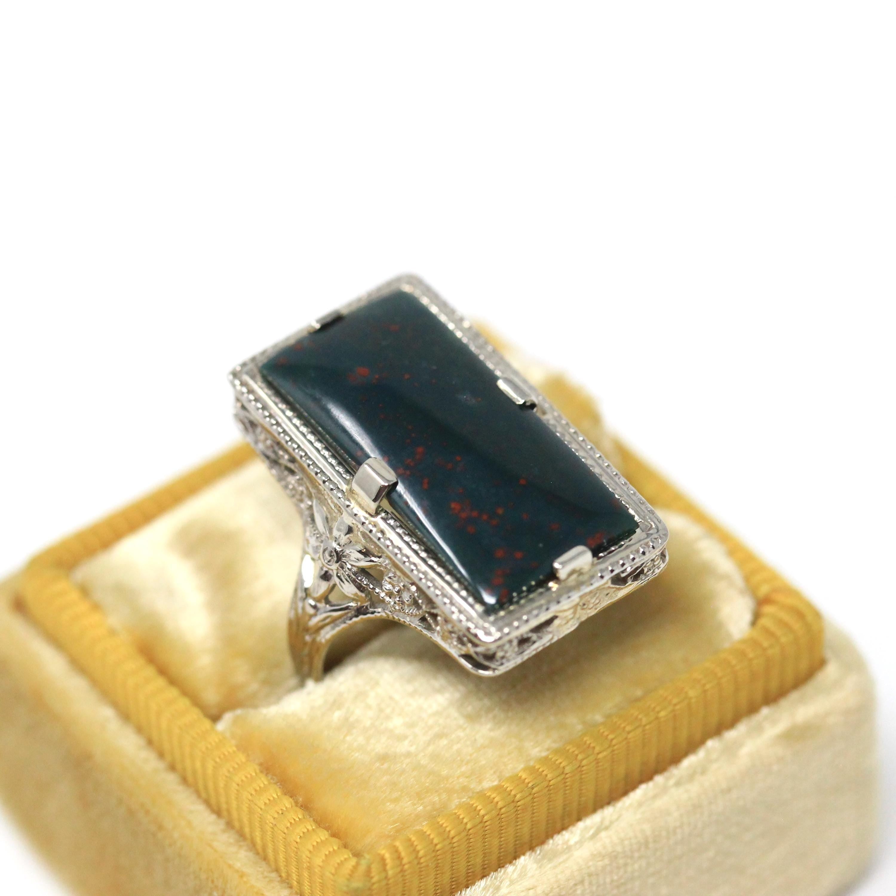Vintage Bloodstone Ring - Art Deco 14k White Gold Dark Green Oxblood Red Gem - Circa 1930s Era Size 4 1/2 Heliotrope Fine Filigree Jewelry